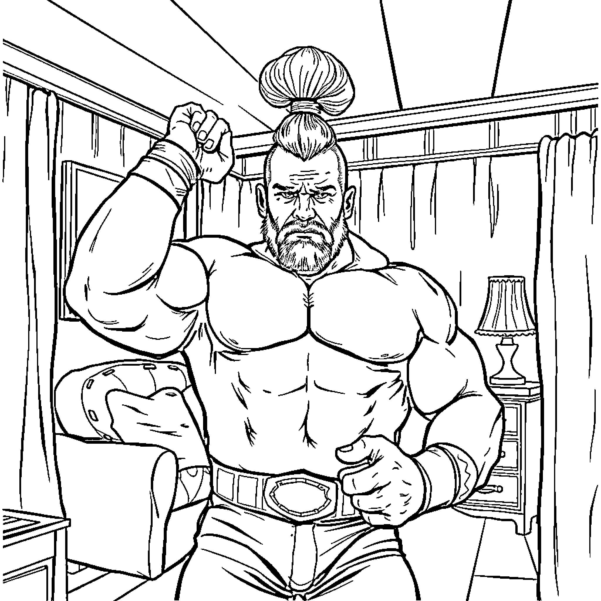 Wrestler's Powerful Presence in an Intense Room Coloring Page (free black-and-white line drawing printable PDF for all, from beginners to advanced learners, including children, teens, adults, and seniors)