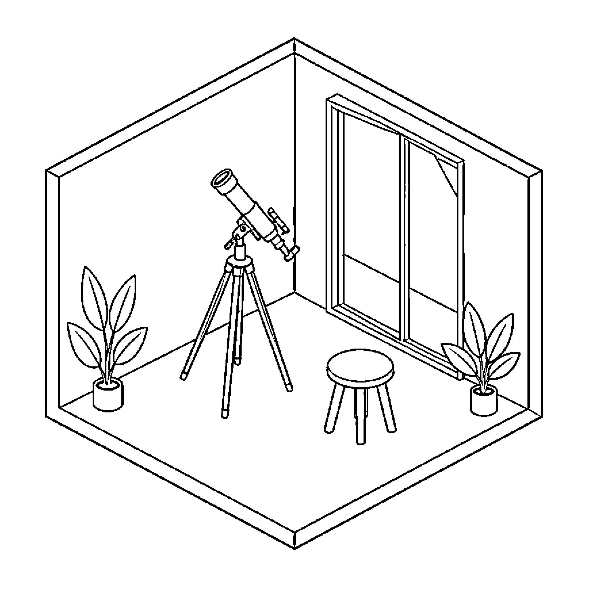 Telescope set up in cozy room Coloring Page (free black-and-white line drawing printable PDF for all, from beginners to advanced learners, including children, teens, adults, and seniors)