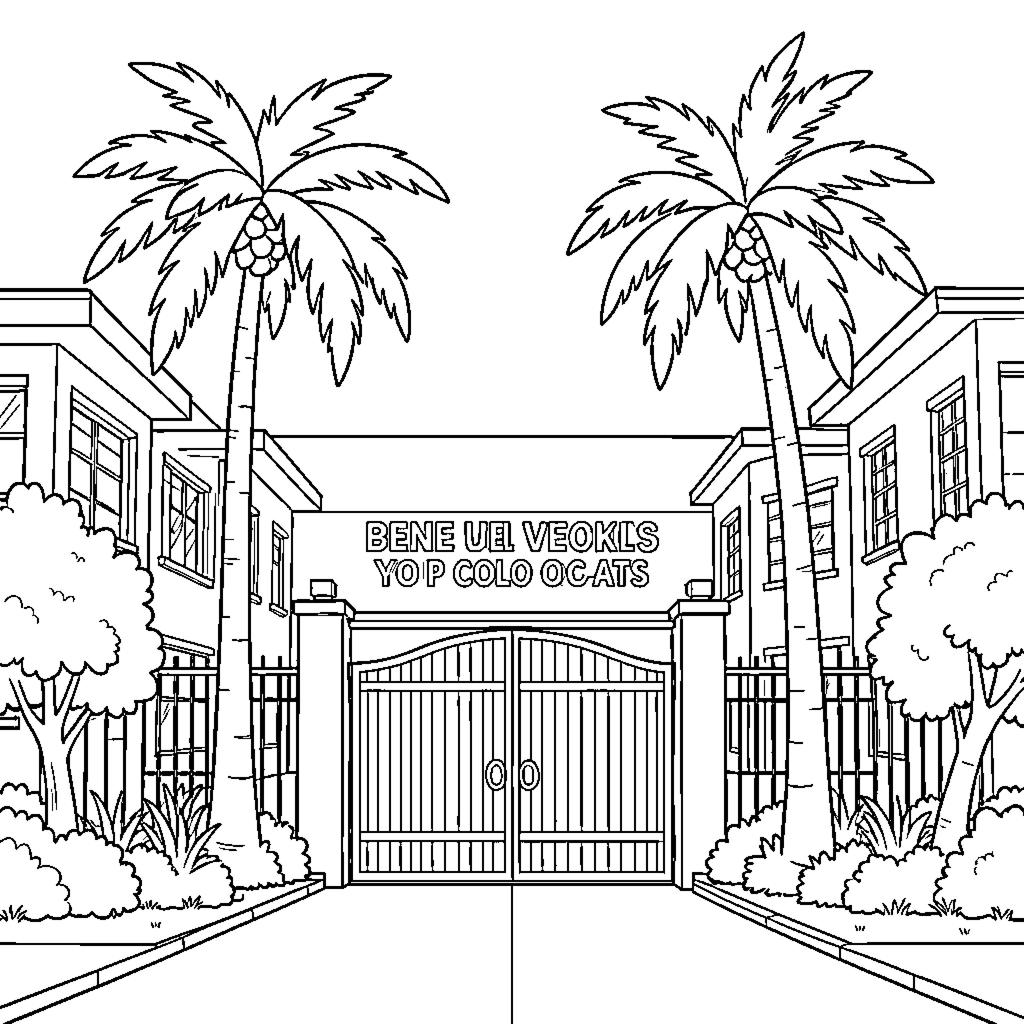 Colegio with palm trees and gate entrance Coloring Page (free black-and-white line drawing printable PDF for all, from beginners to advanced learners, including children, teens, adults, and seniors)