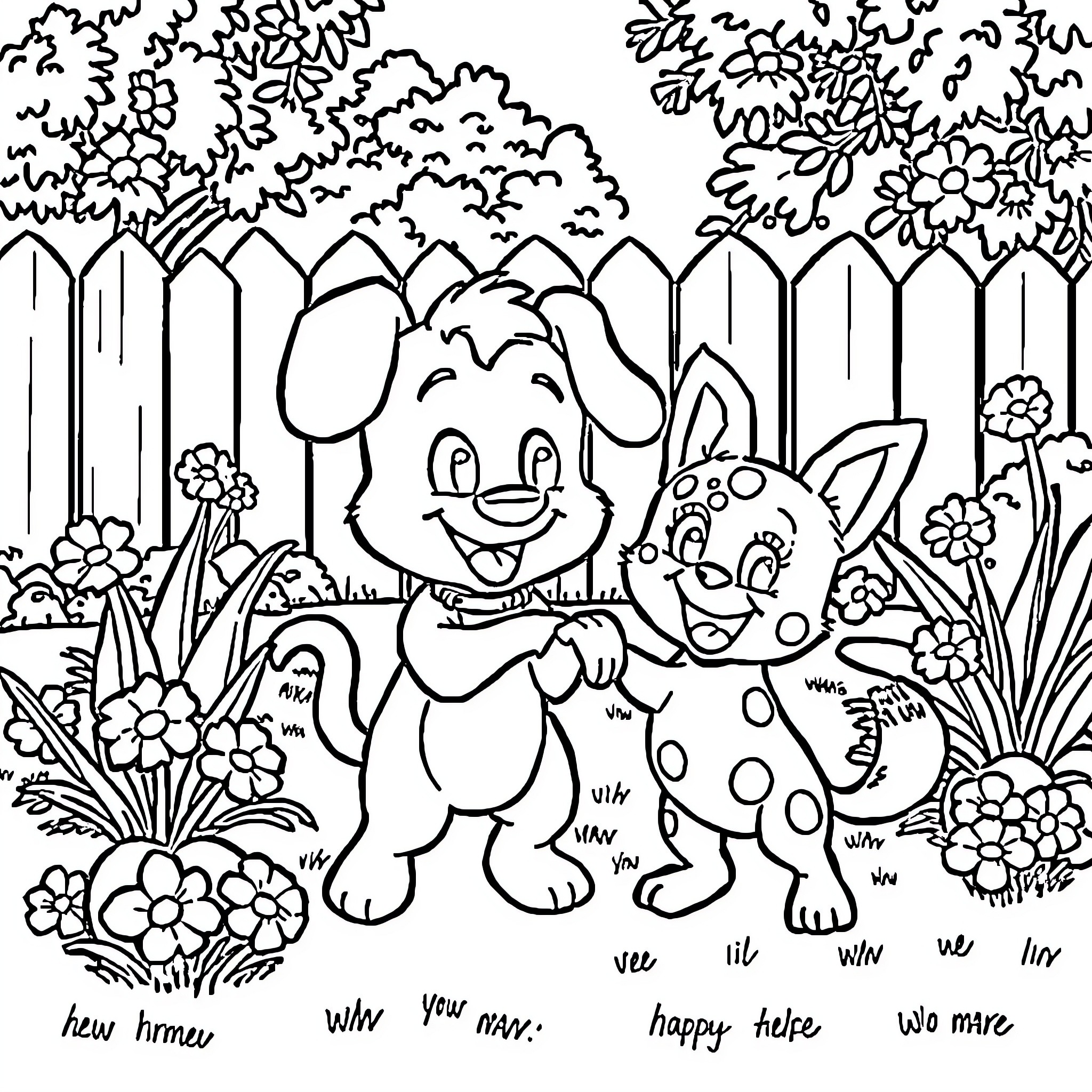Bluey and friends explore the vibrant garden Coloring Page (free black-and-white line drawing printable PDF for all, from beginners to advanced learners, including children, teens, adults, and seniors)