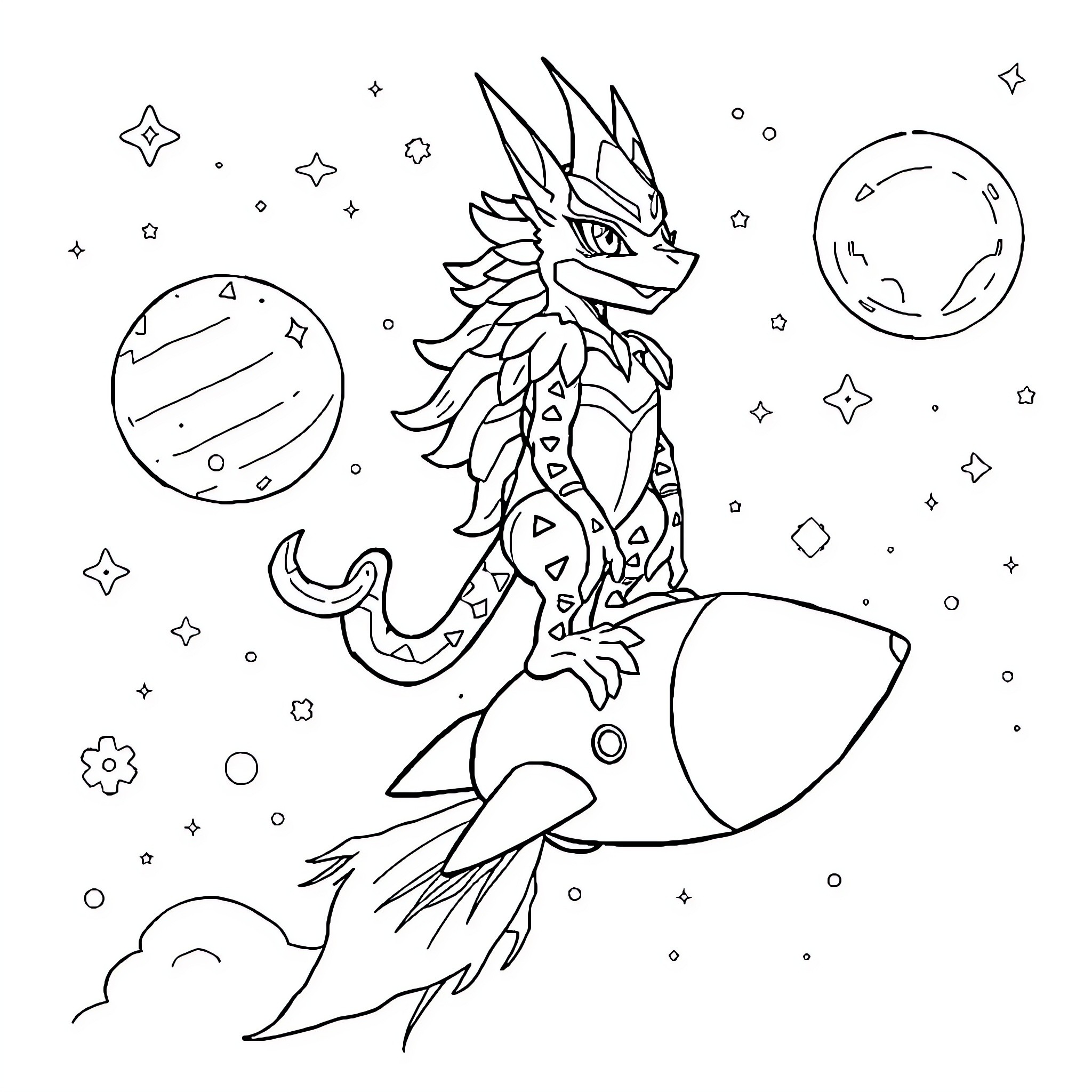 Zamazenta riding a rocket through the cosmos Coloring Page (free black-and-white line drawing printable PDF for all, from beginners to advanced learners, including children, teens, adults, and seniors)