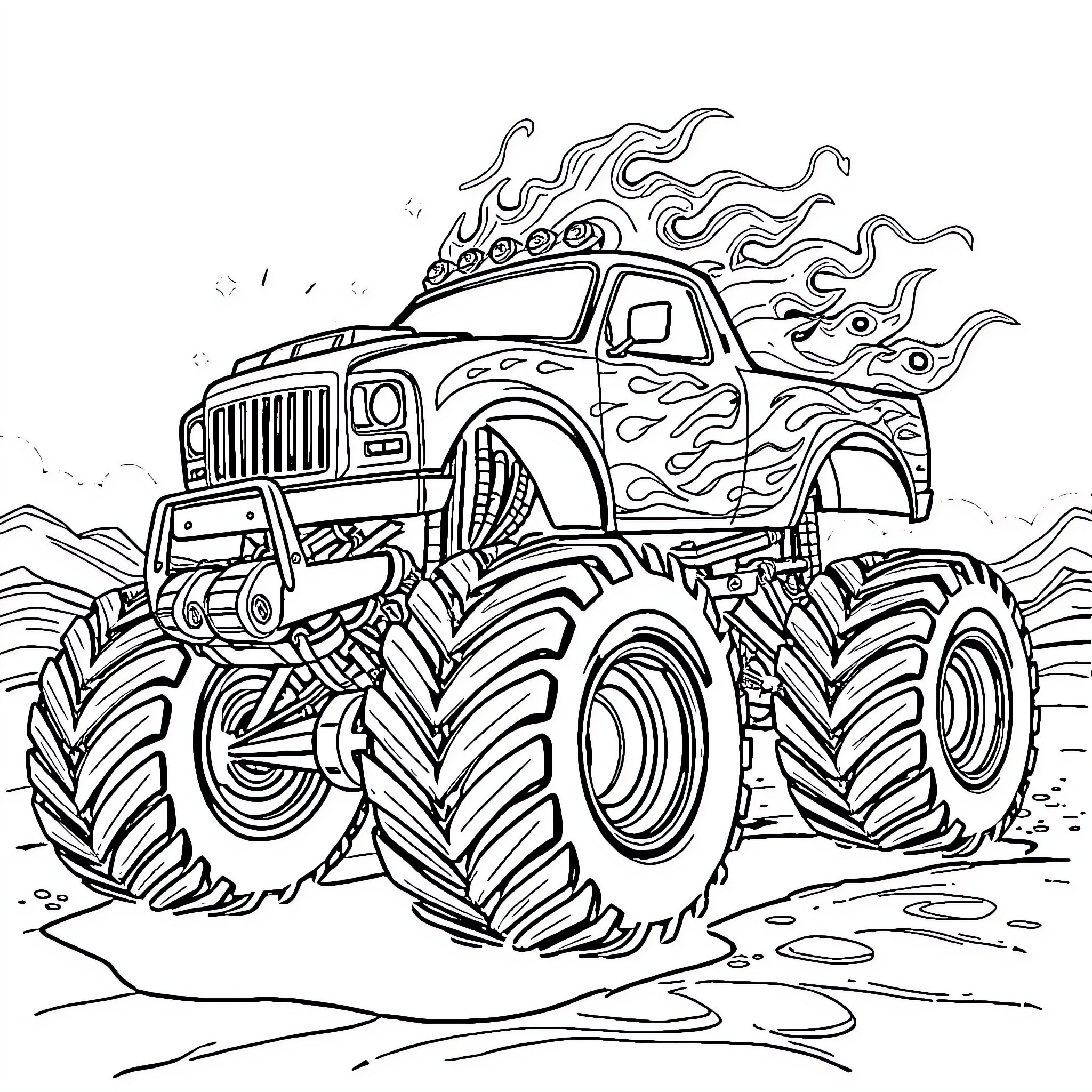 Monster Truck Performing Extreme Stunts on Rugged Terrain Coloring Page (free black-and-white line drawing printable PDF for all, from beginners to advanced learners, including children, teens, adults, and seniors)
