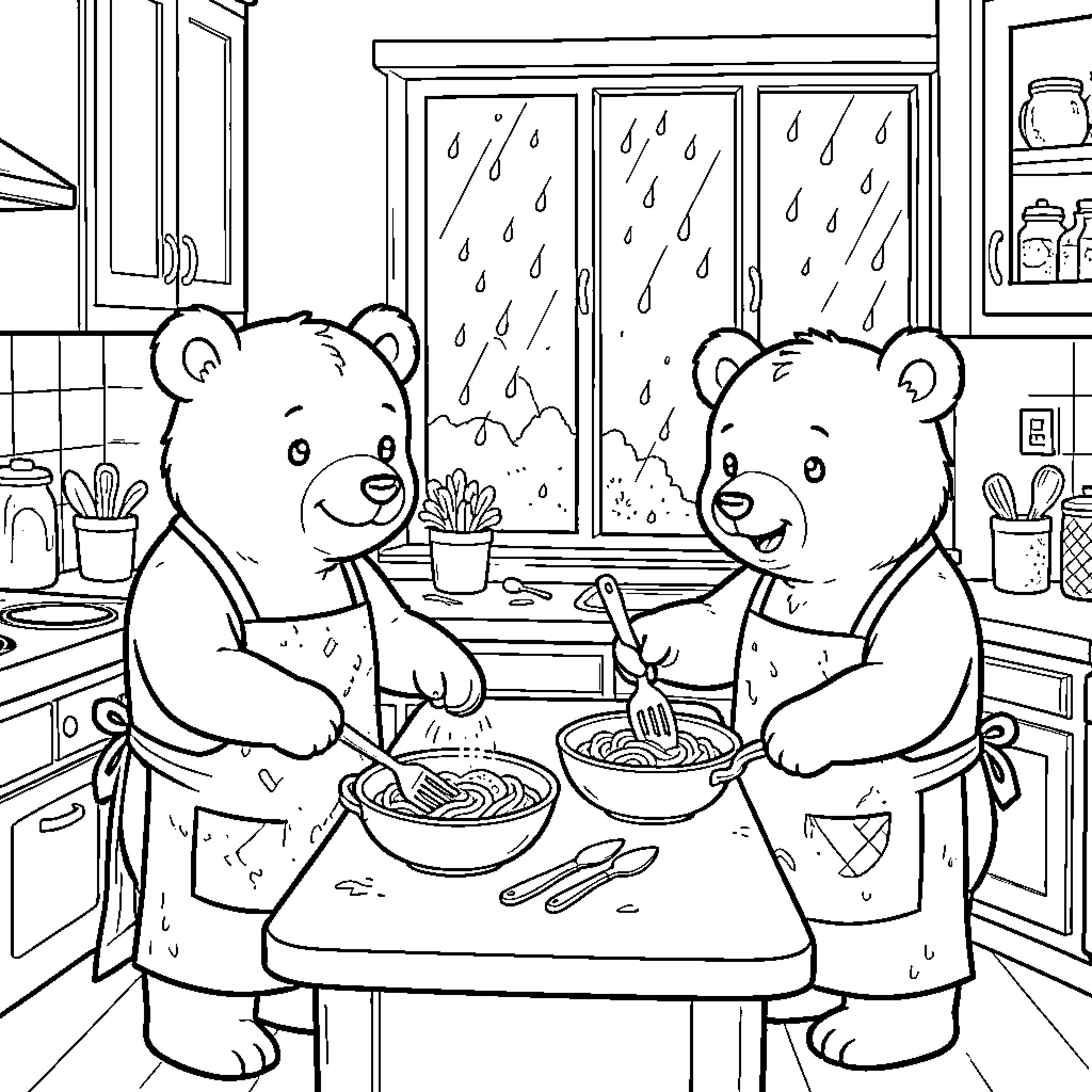 Bear friends cooking in the kitchen Coloring Page (free black-and-white line drawing printable PDF for all, from beginners to advanced learners, including children, teens, adults, and seniors)