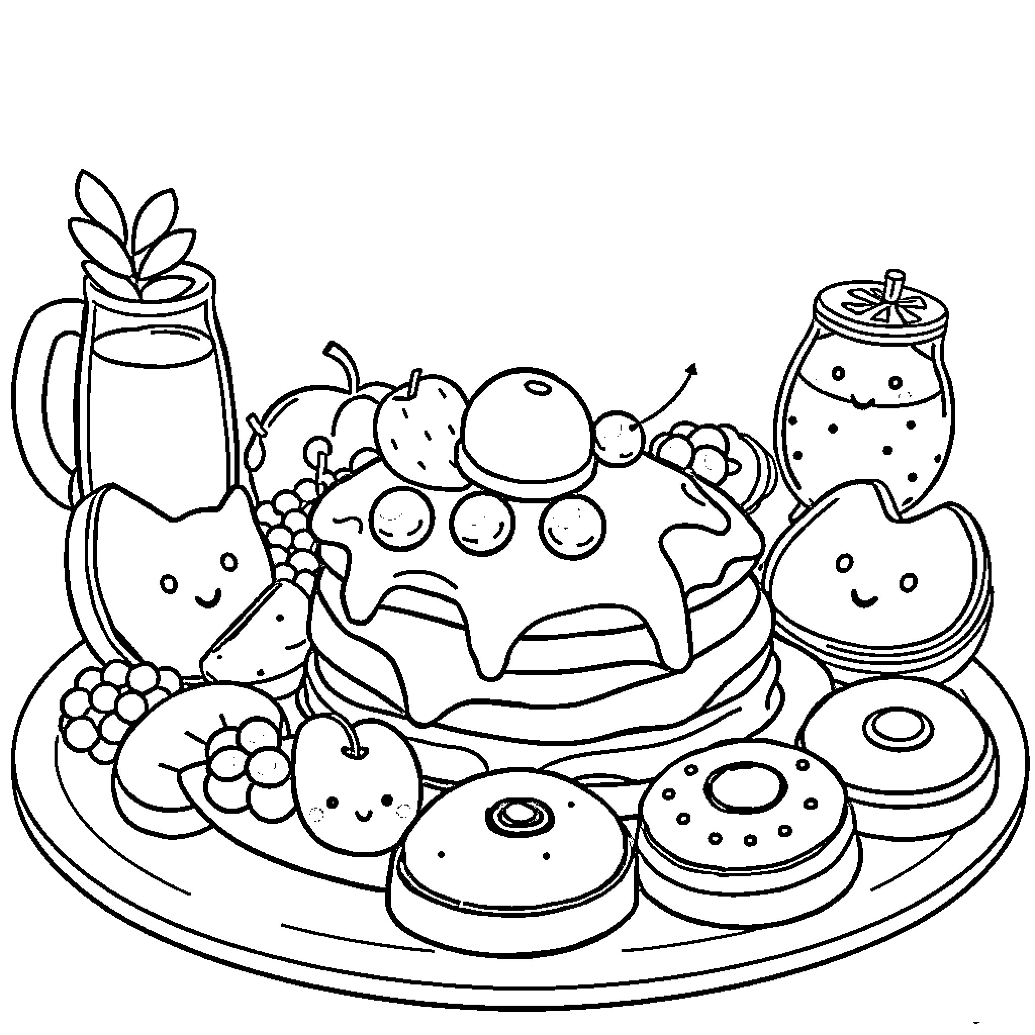 Breakfast with Cute Food Items Coloring Page (free black-and-white line drawing printable PDF for all, from beginners to advanced learners, including children, teens, adults, and seniors)