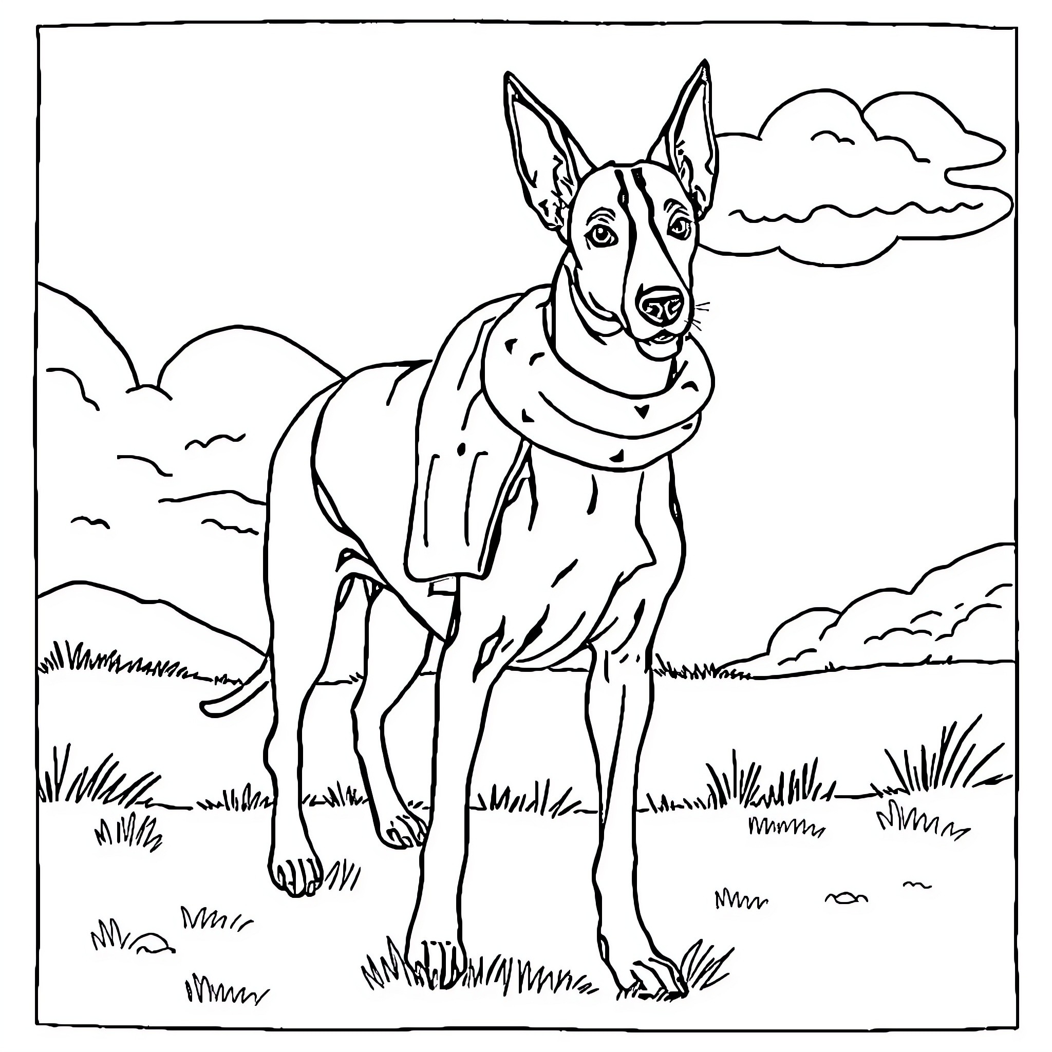 Greyhound standing in scenic outdoor setting Coloring Page (free black-and-white line drawing printable PDF for all, from beginners to advanced learners, including children, teens, adults, and seniors)