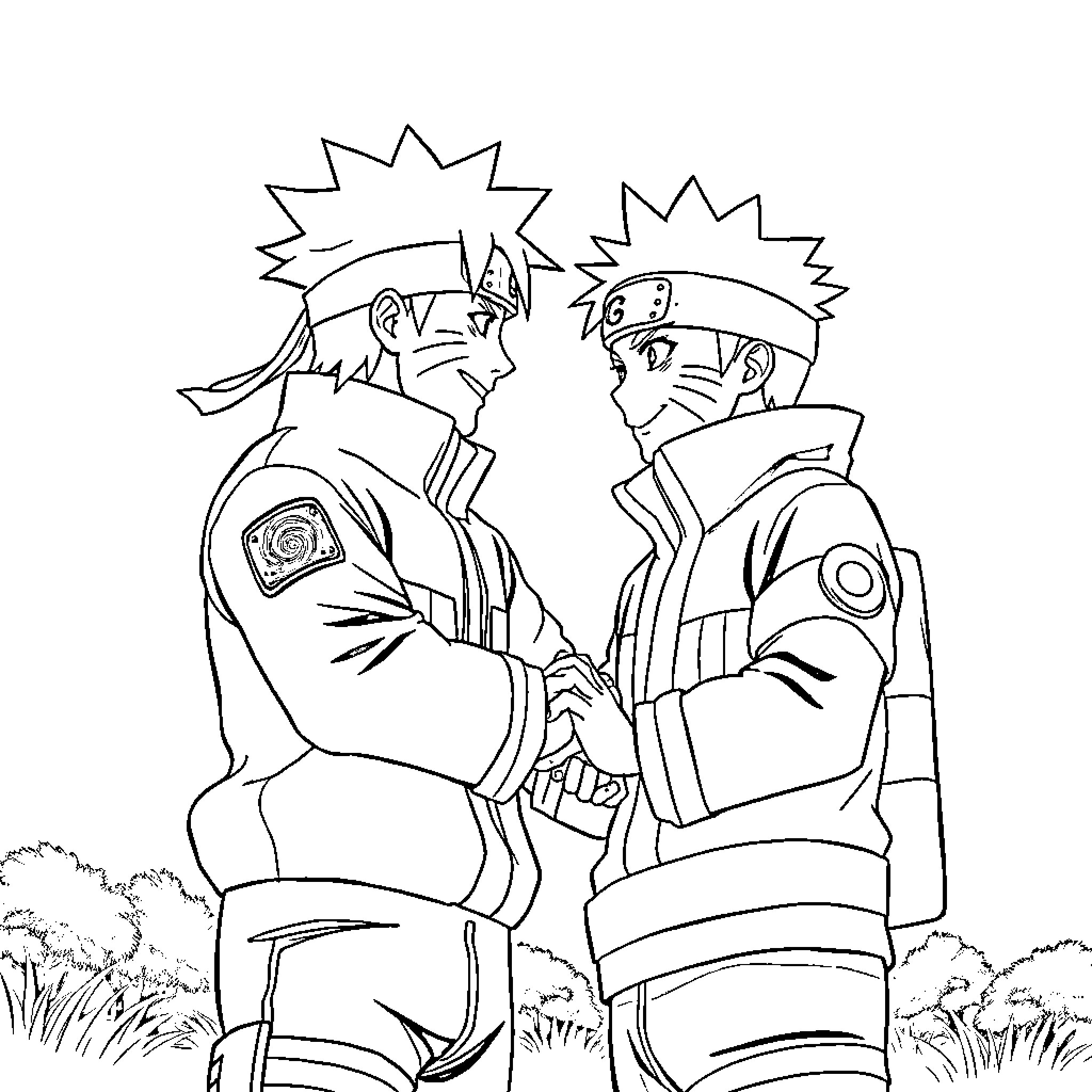 Naruto characters shaking hands in a friendly manner Coloring Page (free black-and-white line drawing printable PDF for all, from beginners to advanced learners, including children, teens, adults, and seniors)