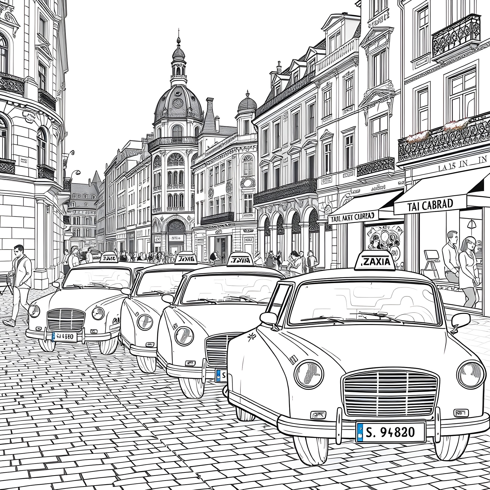 Taxi on the Cobblestone Street of a Historic City Coloring Page (free black-and-white line drawing printable PDF for all, from beginners to advanced learners, including children, teens, adults, and seniors)
