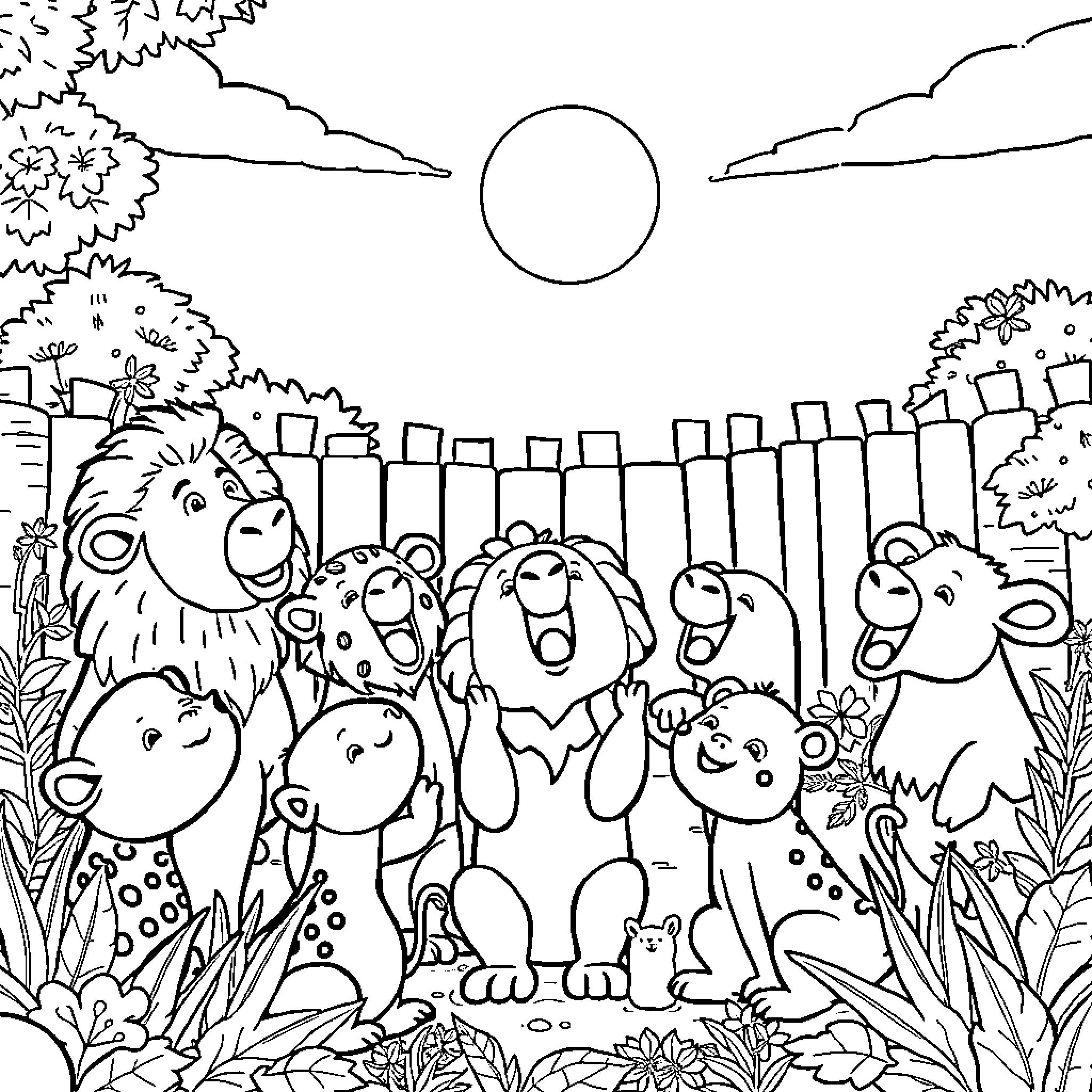 Animal group posing happily in natural setting Coloring Page (free black-and-white line drawing printable PDF for all, from beginners to advanced learners, including children, teens, adults, and seniors)