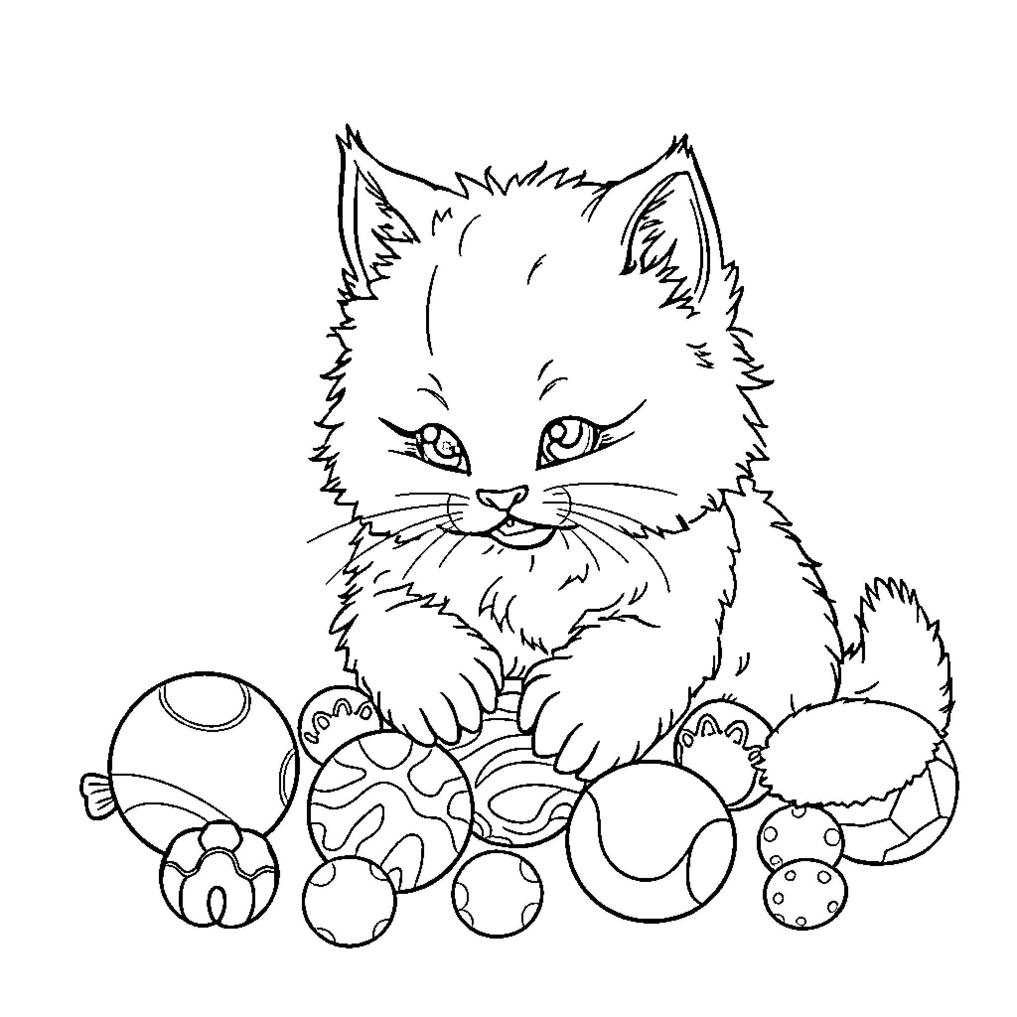 Cat surrounded by colorful objects Coloring Page (free black-and-white line drawing printable PDF for all, from beginners to advanced learners, including children, teens, adults, and seniors)