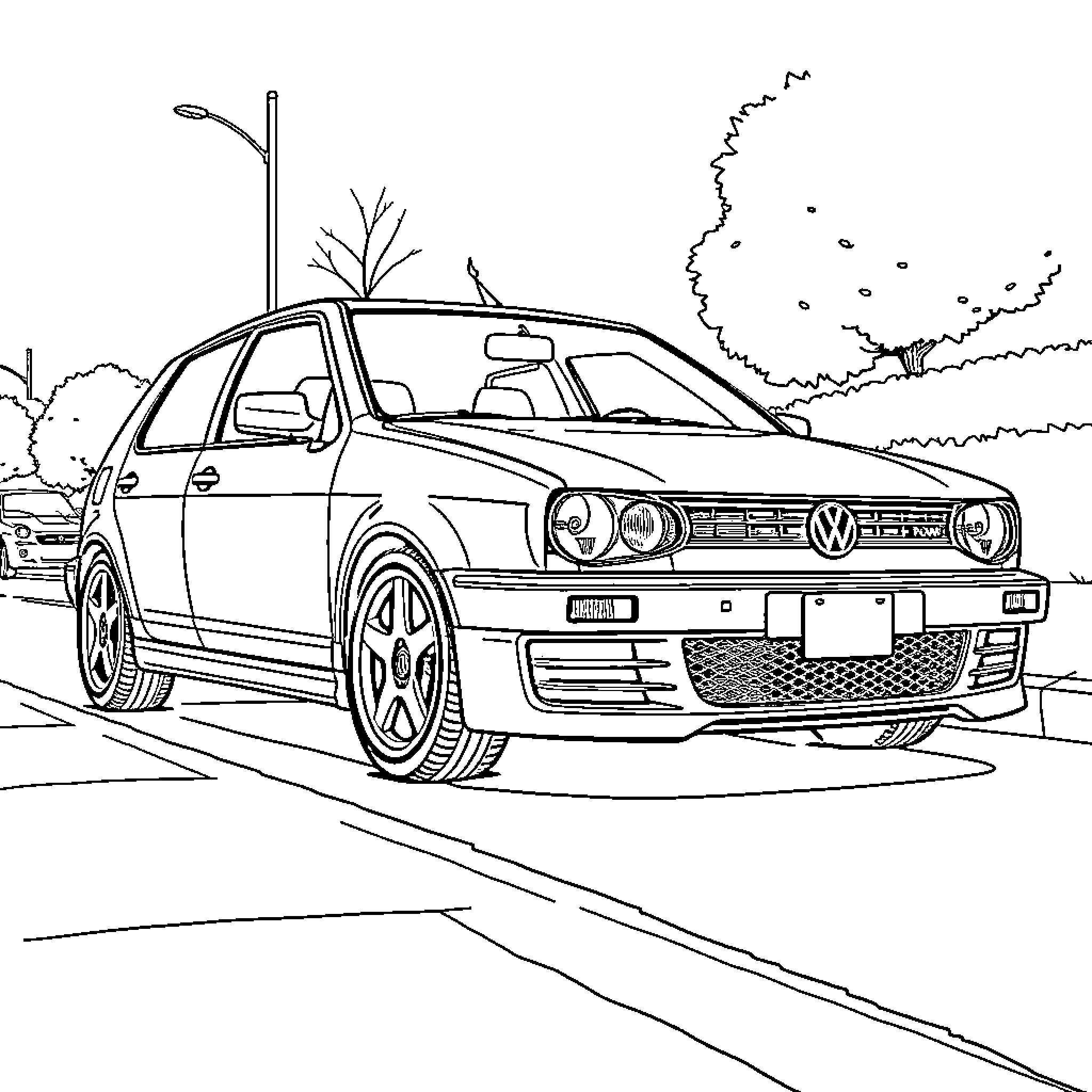 Vw Golf parked on the street Coloring Page (free black-and-white line drawing printable PDF for all, from beginners to advanced learners, including children, teens, adults, and seniors)