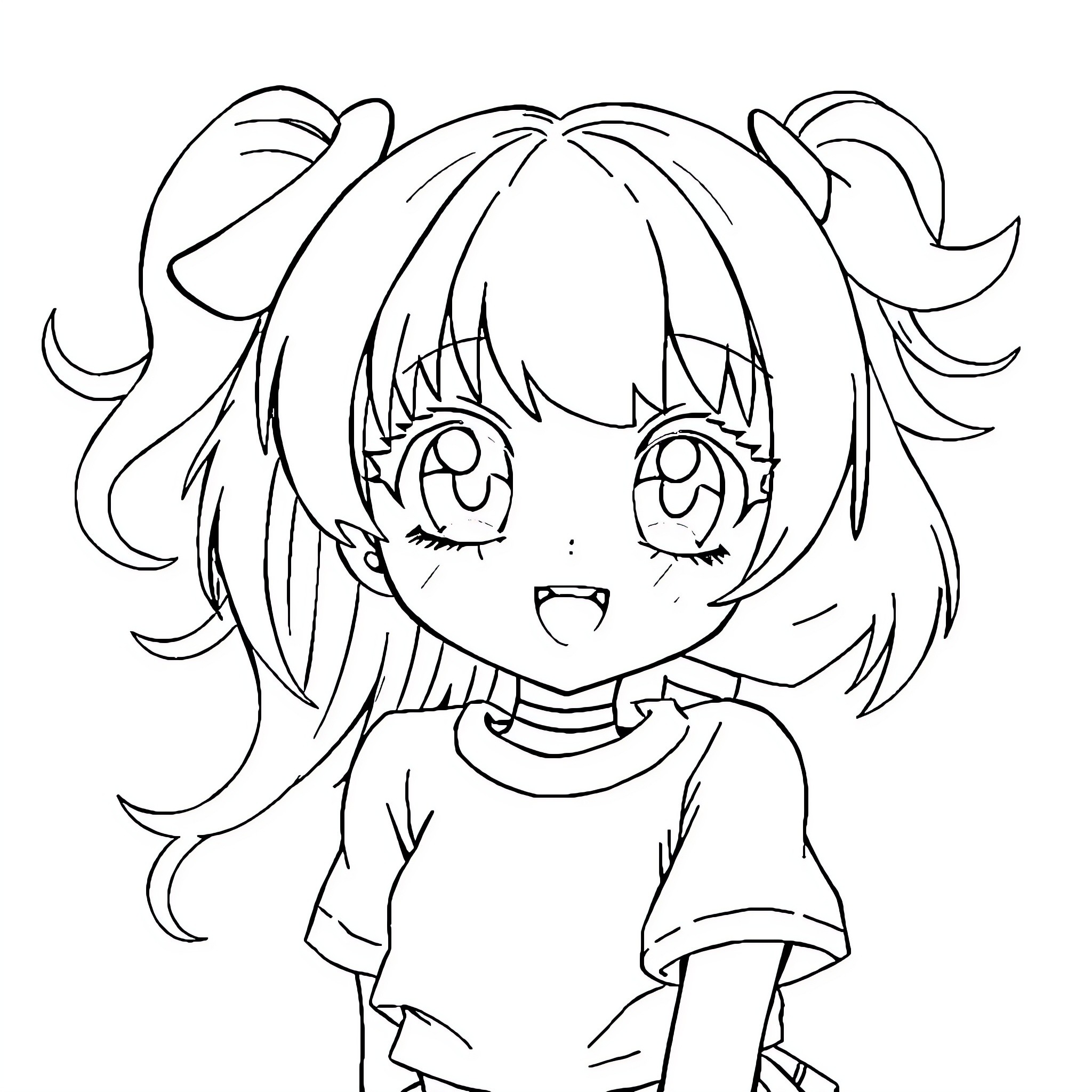 Anime Girl with Cheerful Expression Coloring Page (free black-and-white line drawing printable PDF for all, from beginners to advanced learners, including children, teens, adults, and seniors)