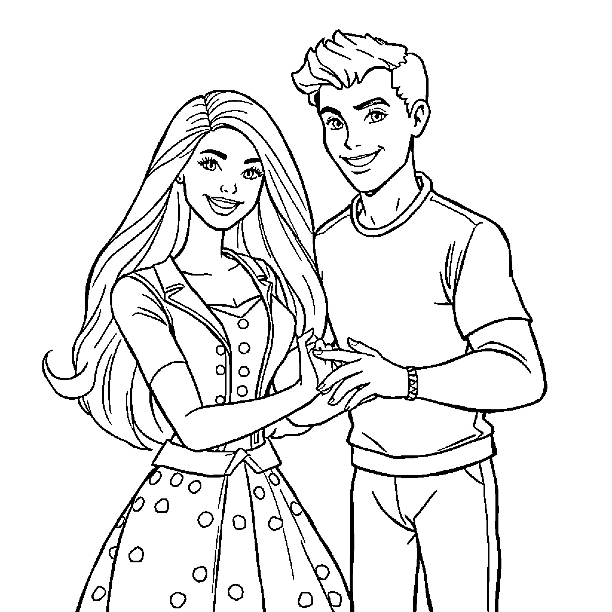 Barbie and Ken in a happy embrace Coloring Page (free black-and-white line drawing printable PDF for all, from beginners to advanced learners, including children, teens, adults, and seniors)