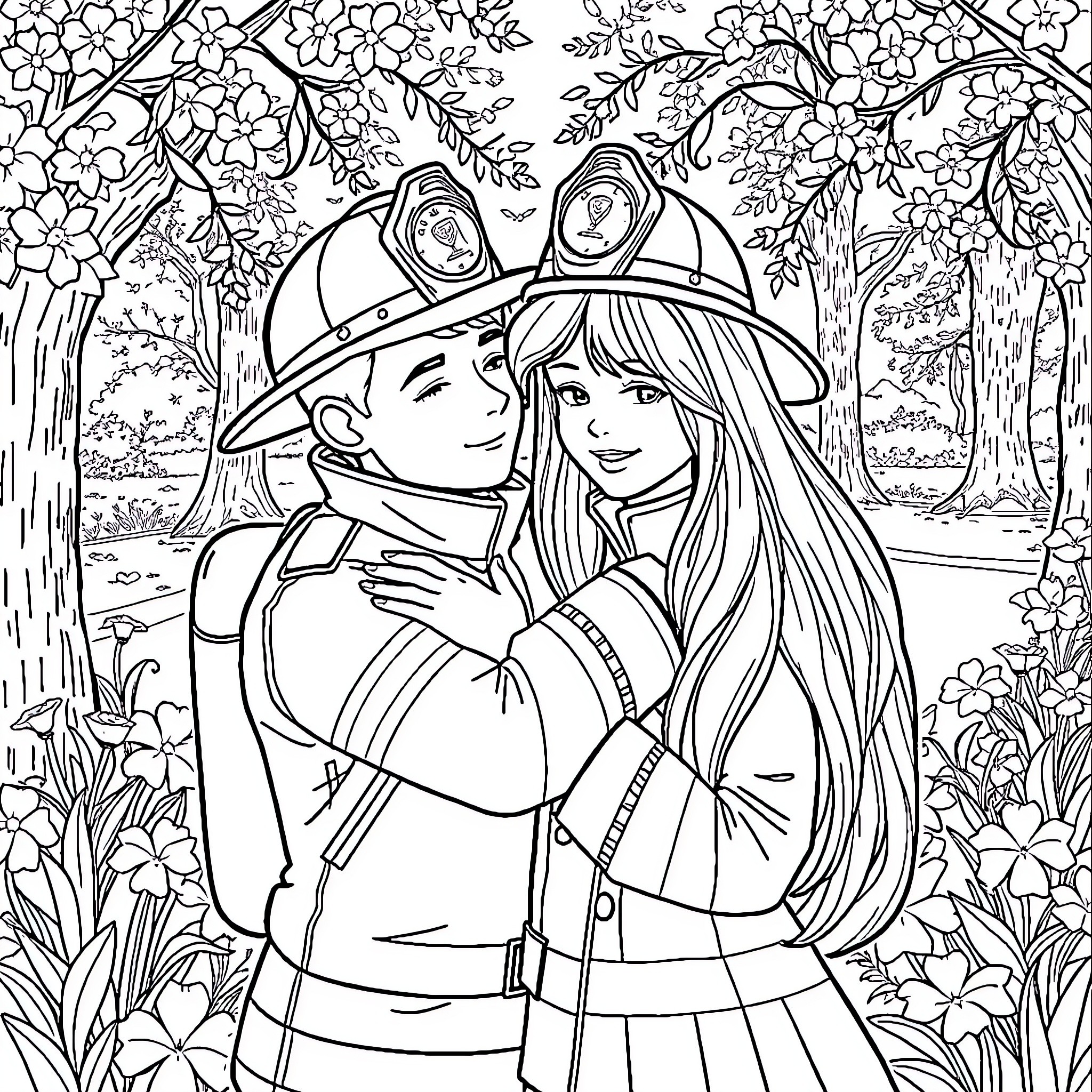 Sam and His Friend Explore the Vibrant Forest Coloring Page (free black-and-white line drawing printable PDF for all, from beginners to advanced learners, including children, teens, adults, and seniors)