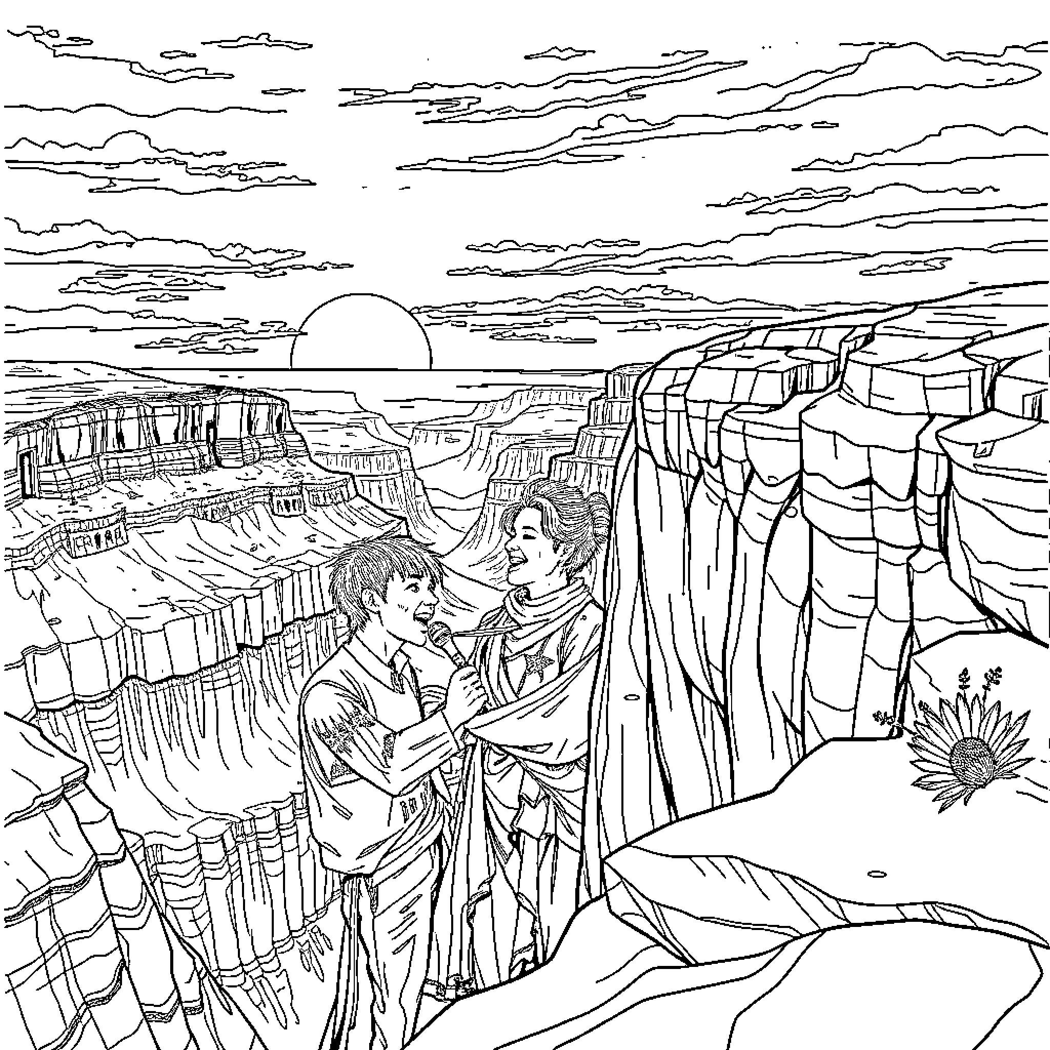 Drake's Intimate Moment in the Breathtaking Canyon Coloring Page (free black-and-white line drawing printable PDF for all, from beginners to advanced learners, including children, teens, adults, and seniors)