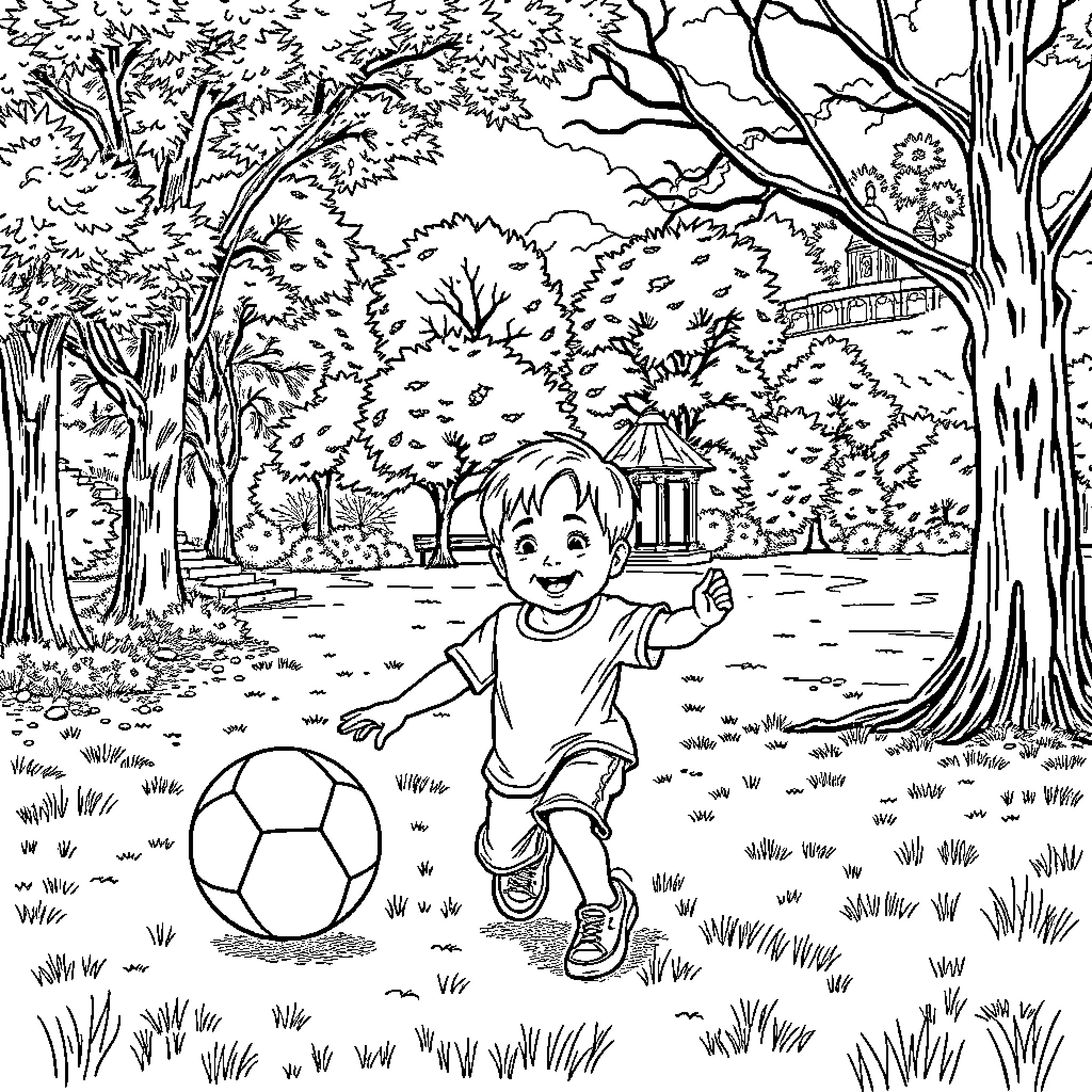 Boy playing with soccer ball in forest park Coloring Page (free black-and-white line drawing printable PDF for all, from beginners to advanced learners, including children, teens, adults, and seniors)