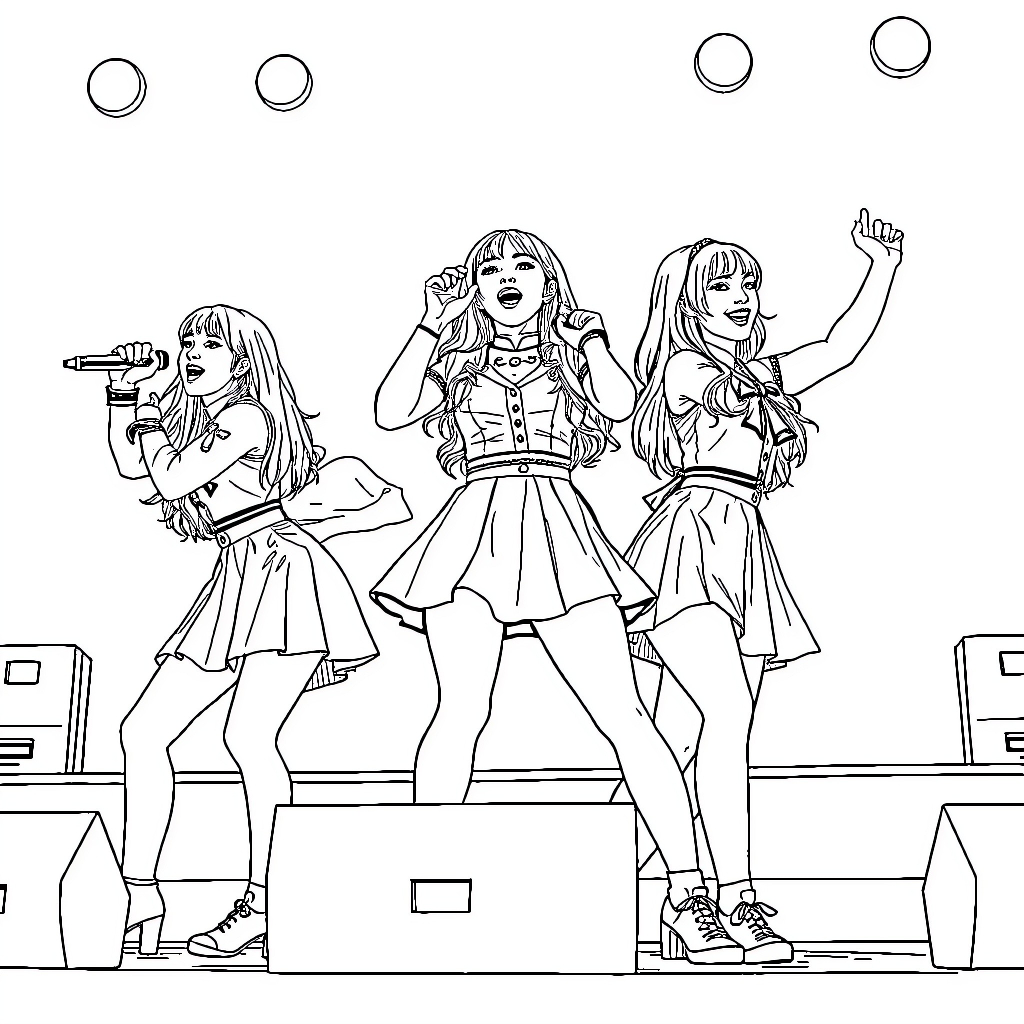 Blackpink members performing on stage with enthusiasm Coloring Page (free black-and-white line drawing printable PDF for all, from beginners to advanced learners, including children, teens, adults, and seniors)