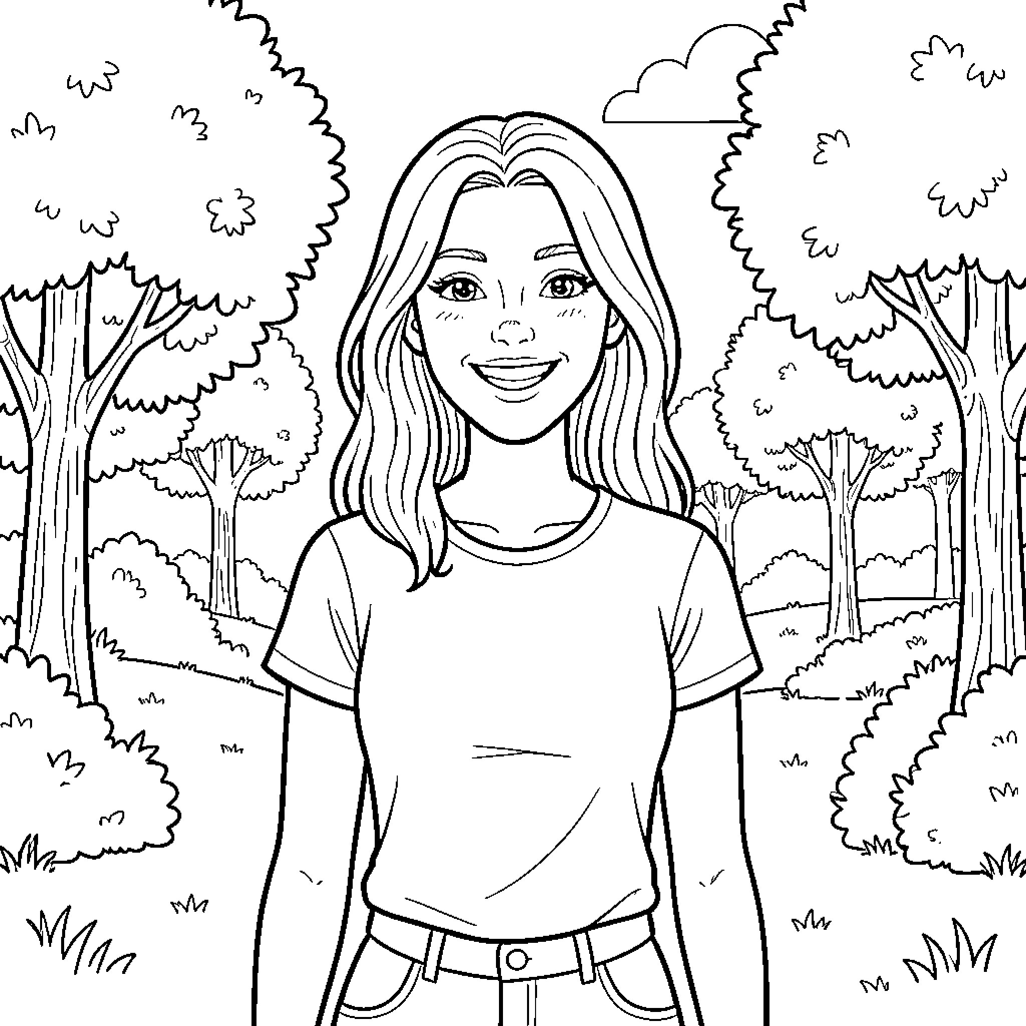 Lara Campos enjoying a walk in the forest Coloring Page (free black-and-white line drawing printable PDF for all, from beginners to advanced learners, including children, teens, adults, and seniors)