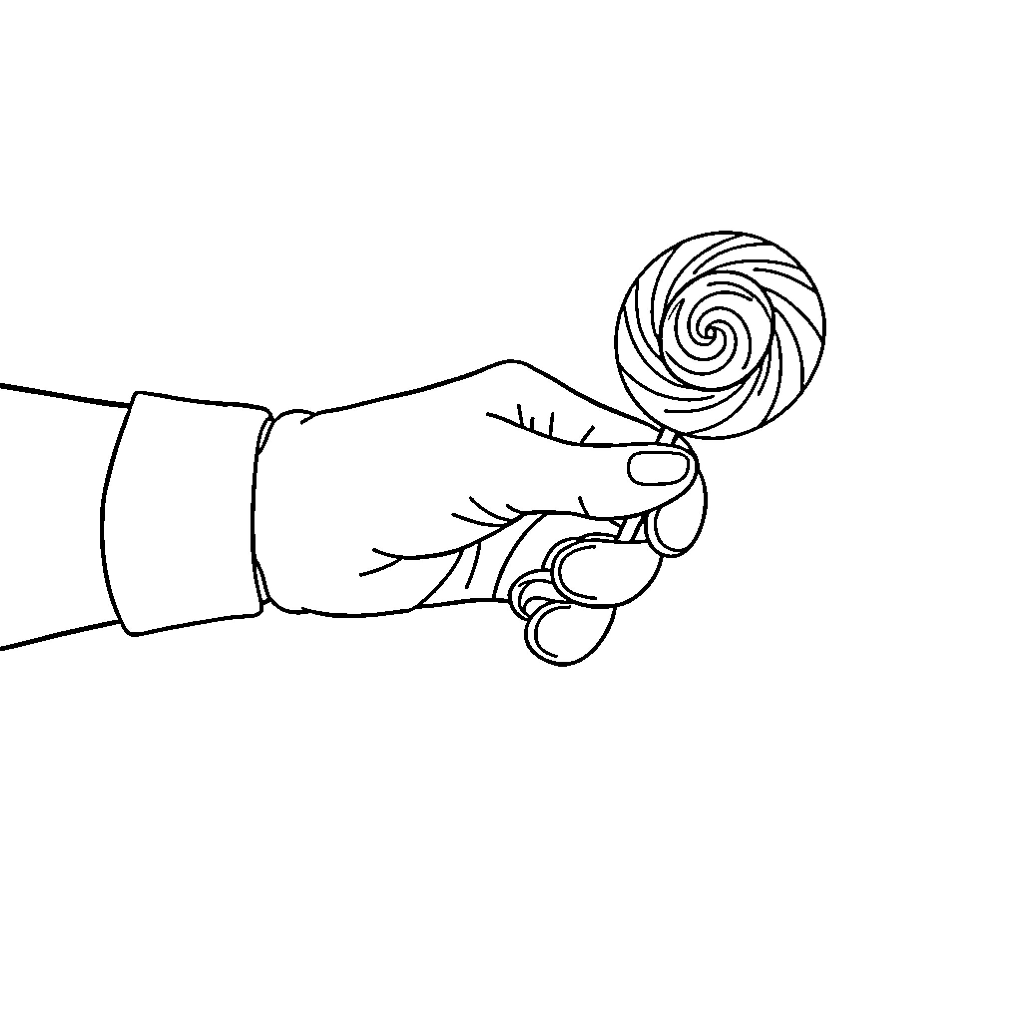 Hand holding a swirling lollipop Coloring Page (free black-and-white line drawing printable PDF for all, from beginners to advanced learners, including children, teens, adults, and seniors)