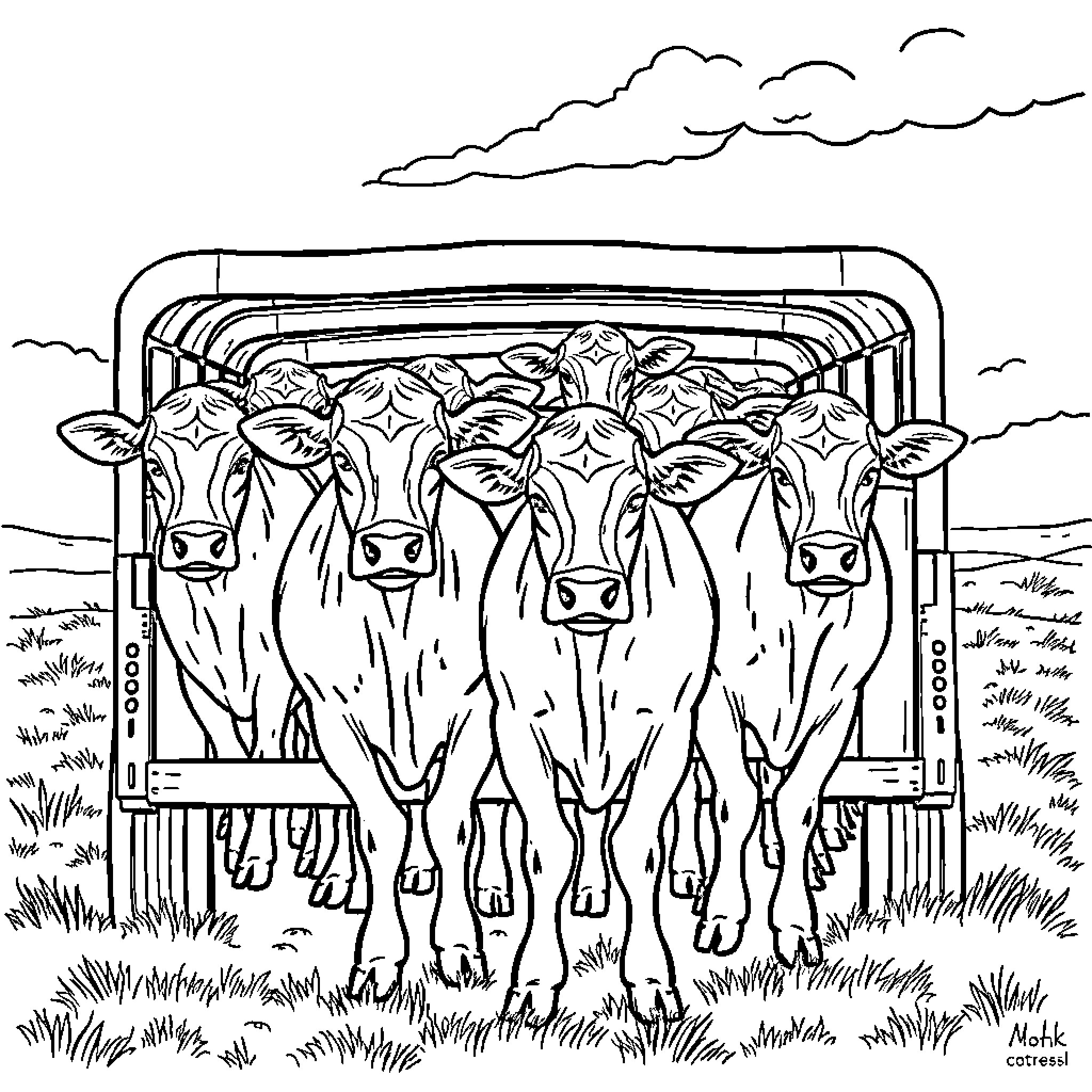 Cow herd standing in a cattle pen Coloring Page (free black-and-white line drawing printable PDF for all, from beginners to advanced learners, including children, teens, adults, and seniors)