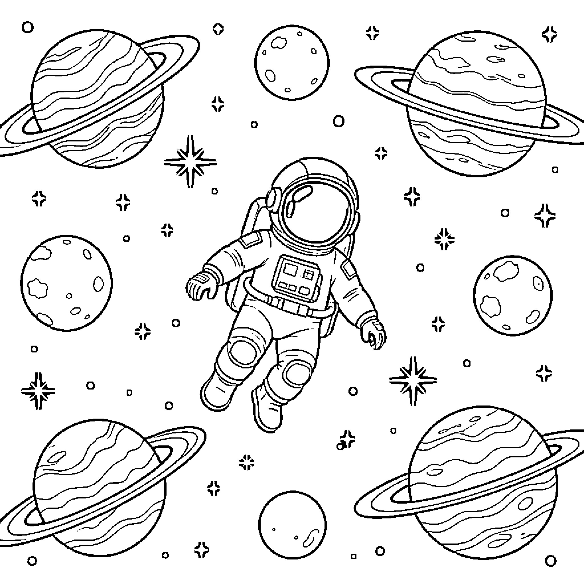 Astronaut floating among planets in space Coloring Page (free black-and-white line drawing printable PDF for all, from beginners to advanced learners, including children, teens, adults, and seniors)