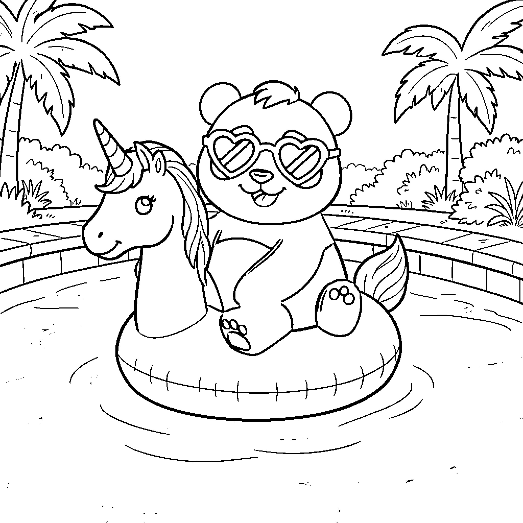 Panda enjoying a tropical pool party with unicorn Coloring Page (free black-and-white line drawing printable PDF for all, from beginners to advanced learners, including children, teens, adults, and seniors)