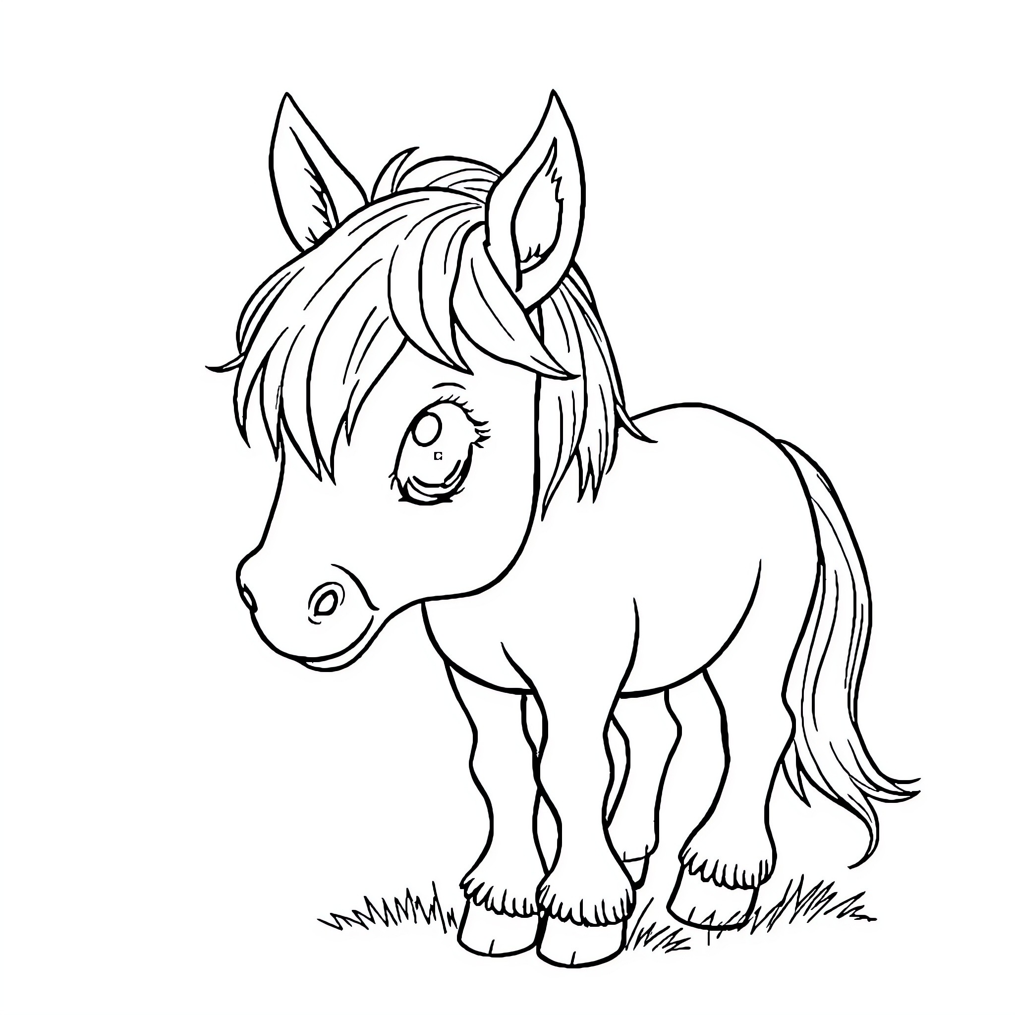 Pony with friendly expression on grassy field Coloring Page (free black-and-white line drawing printable PDF for all, from beginners to advanced learners, including children, teens, adults, and seniors)
