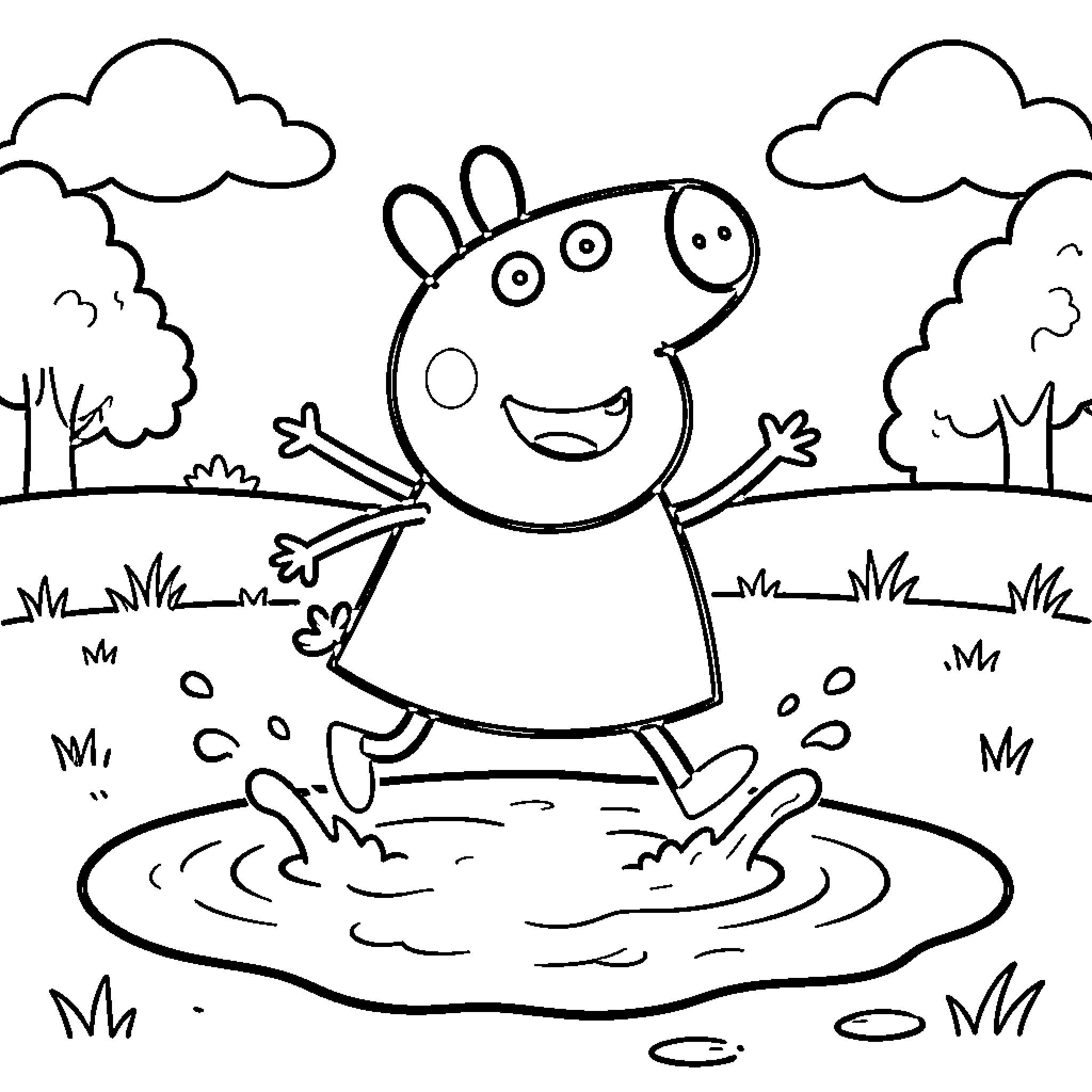 Peppa Pig jumping happily in a muddy puddle Coloring Page (free black-and-white line drawing printable PDF for all, from beginners to advanced learners, including children, teens, adults, and seniors)