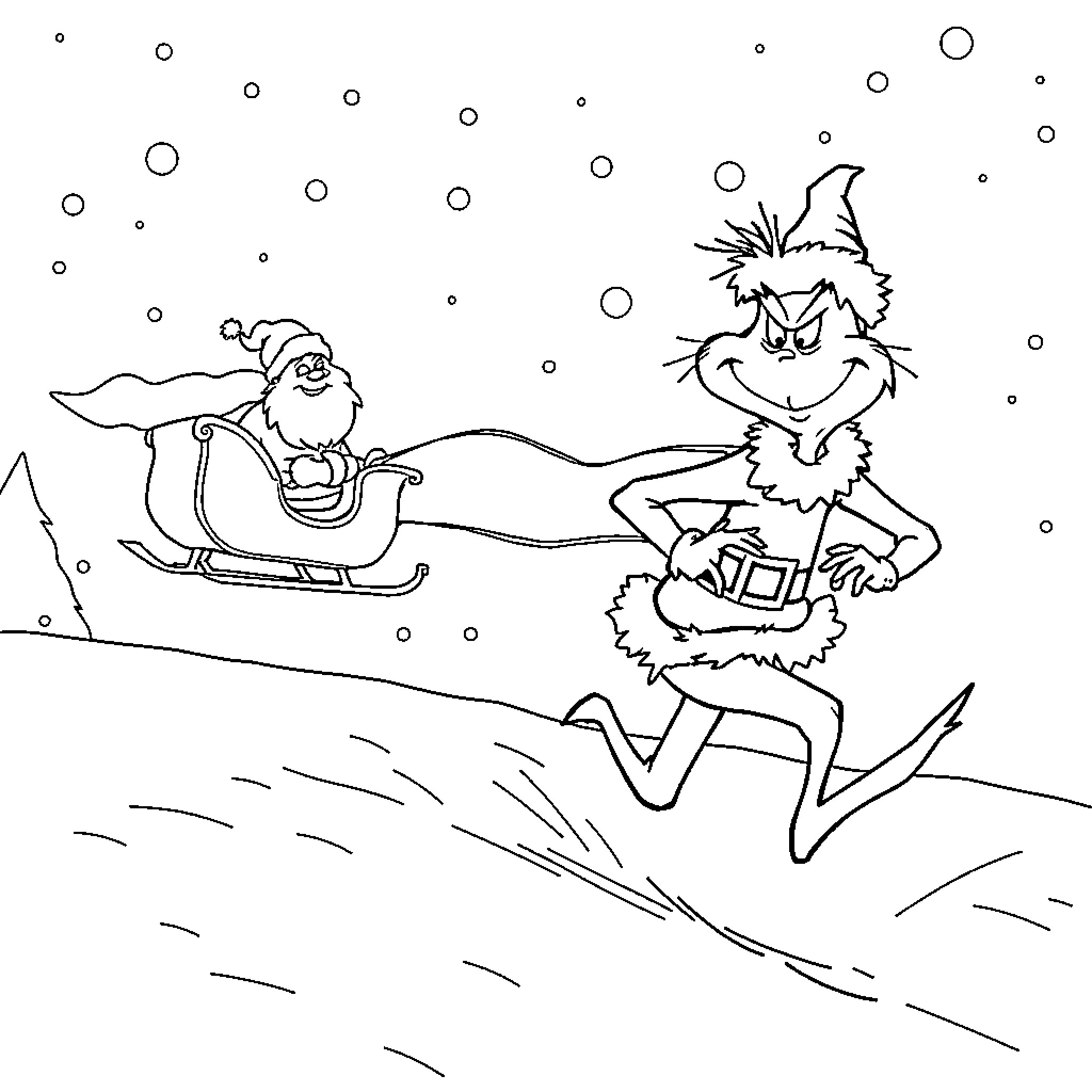 Grinch stealing presents on snowy night Coloring Page (free black-and-white line drawing printable PDF for all, from beginners to advanced learners, including children, teens, adults, and seniors)