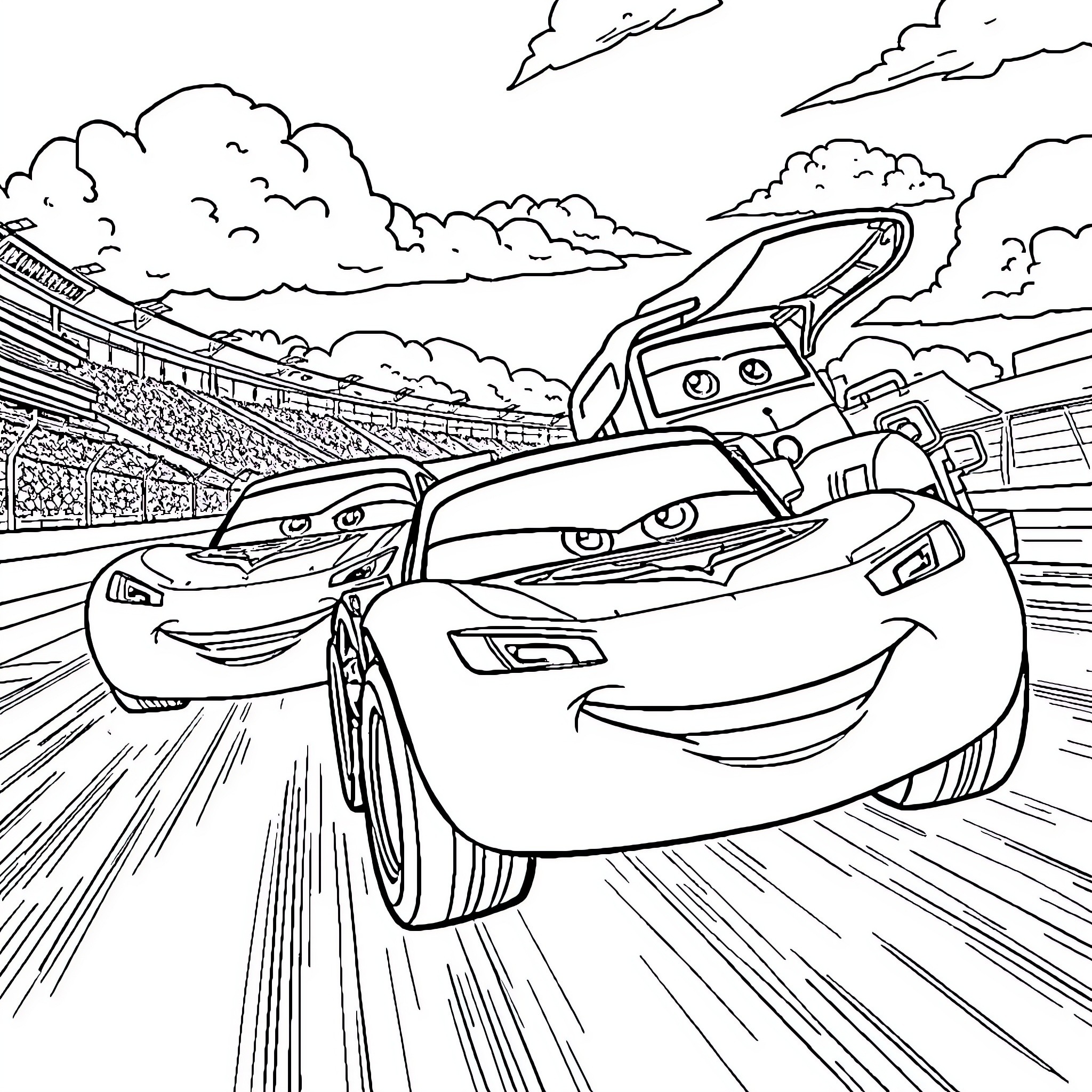 Lightning McQueen speeding in a racing competition Coloring Page (free black-and-white line drawing printable PDF for all, from beginners to advanced learners, including children, teens, adults, and seniors)