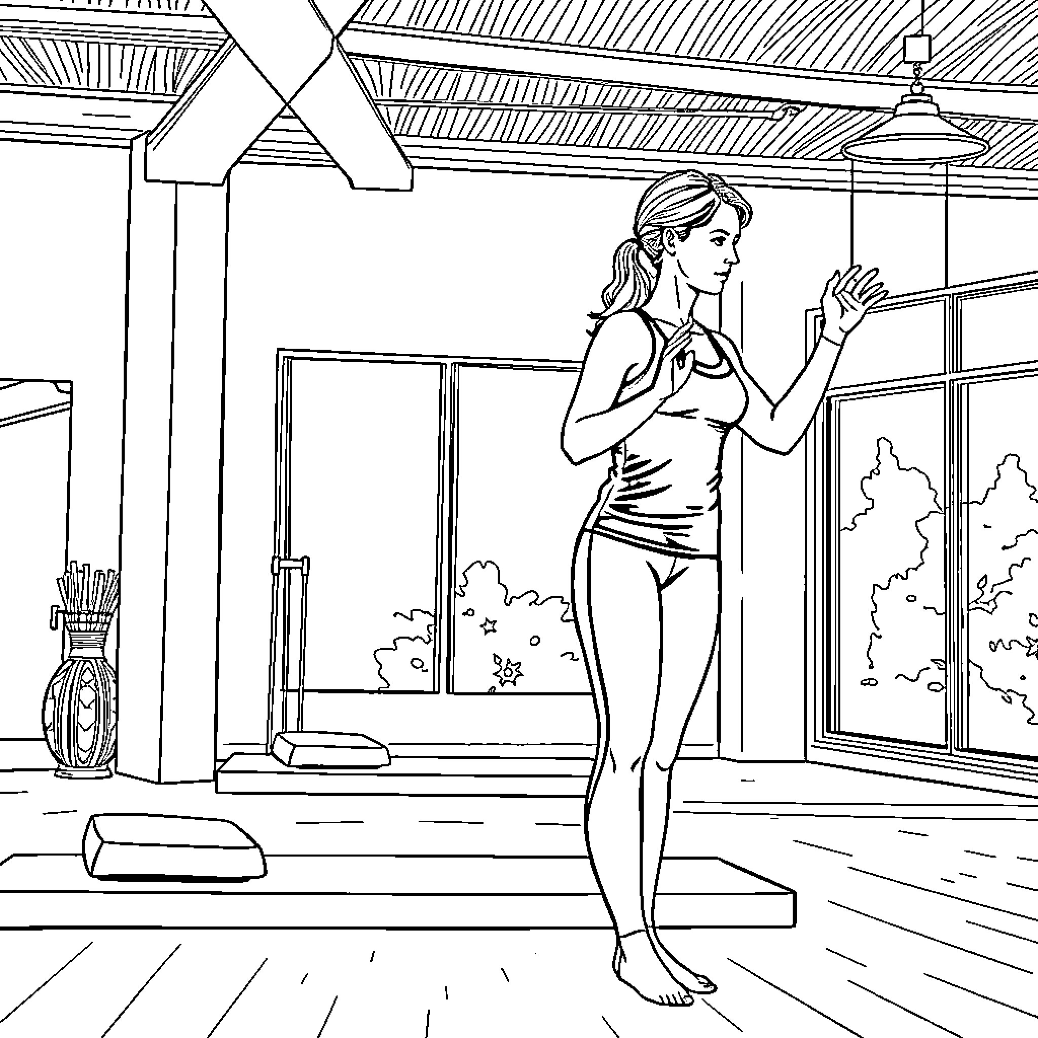 Instructor demonstrating yoga poses in a studio Coloring Page (free black-and-white line drawing printable PDF for all, from beginners to advanced learners, including children, teens, adults, and seniors)