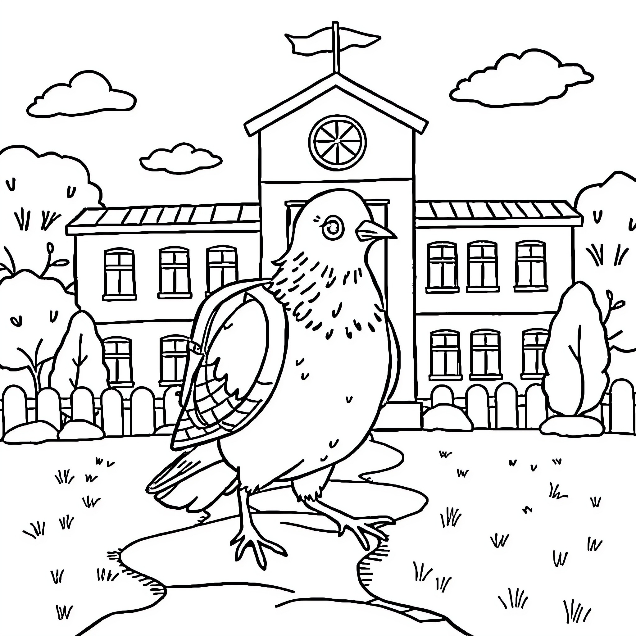 Pigeon standing proudly in front of school building Coloring Page (free black-and-white line drawing printable PDF for all, from beginners to advanced learners, including children, teens, adults, and seniors)