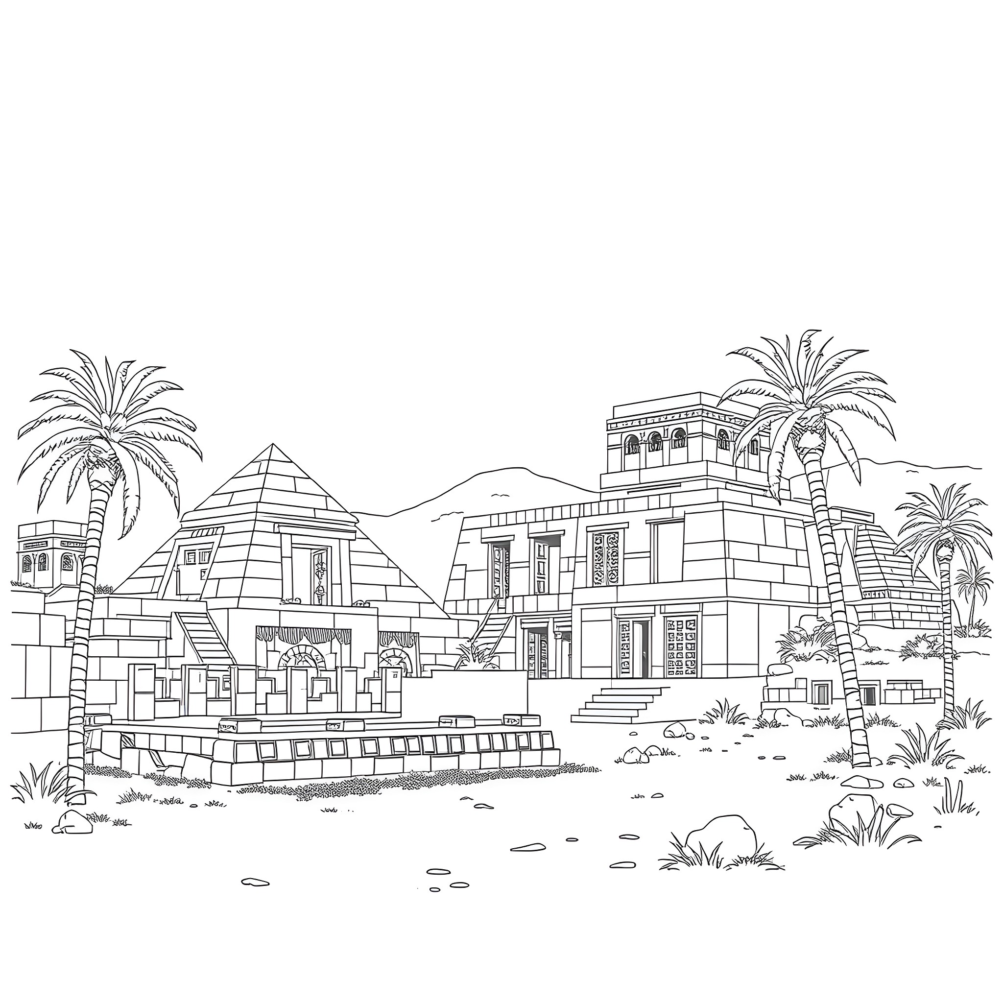 Ancient Life in an Egyptian Desert Landscape Coloring Page (free black-and-white line drawing printable PDF for all, from beginners to advanced learners, including children, teens, adults, and seniors)