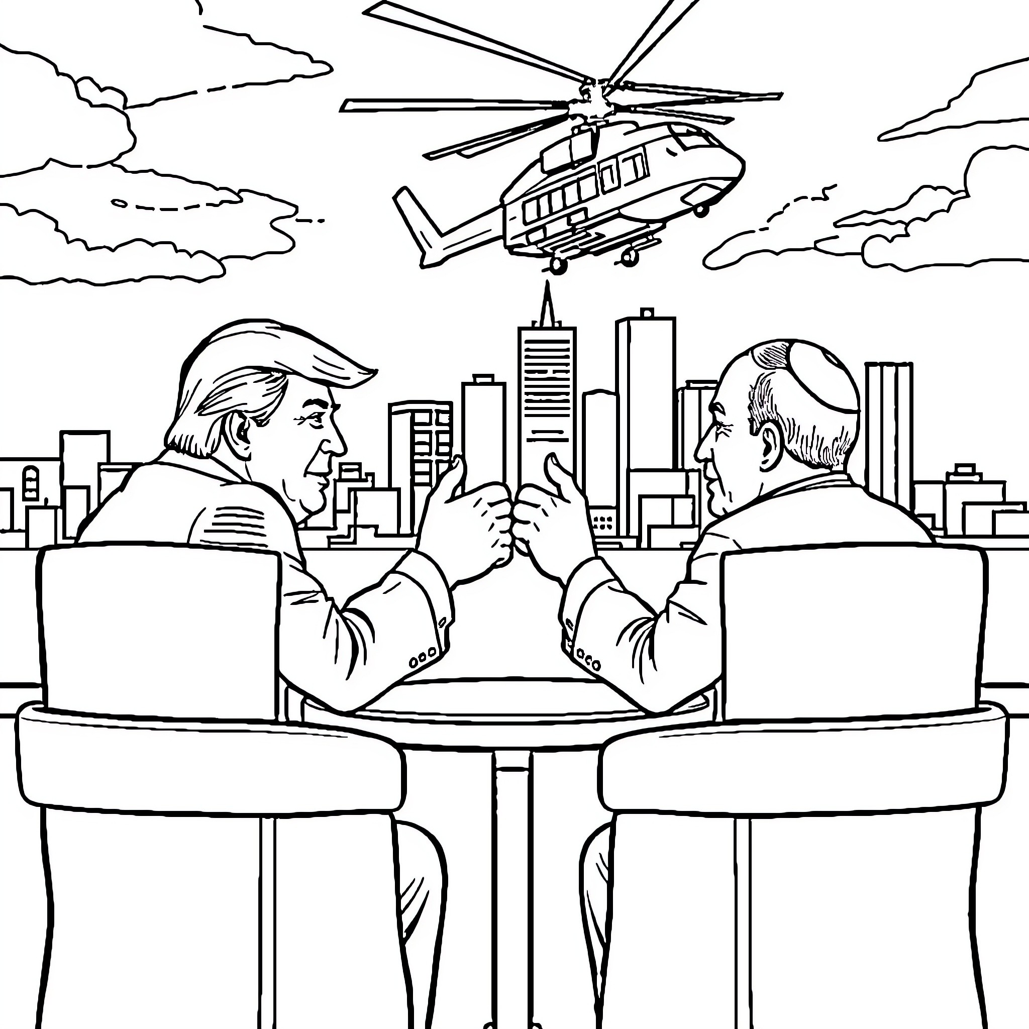 Trump meeting with advisor in office with helicopter overhead Coloring Page (free black-and-white line drawing printable PDF for all, from beginners to advanced learners, including children, teens, adults, and seniors)