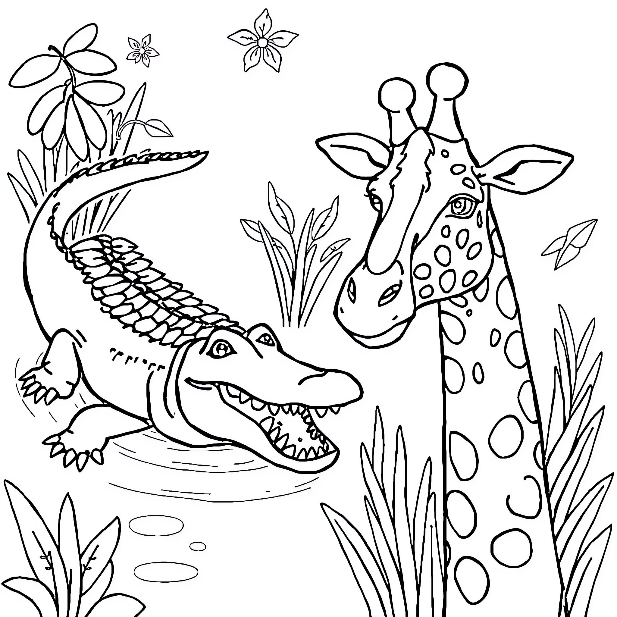 Crocodile and Giraffe in Floral Jungle Coloring Page (free black-and-white line drawing printable PDF for all, from beginners to advanced learners, including children, teens, adults, and seniors)