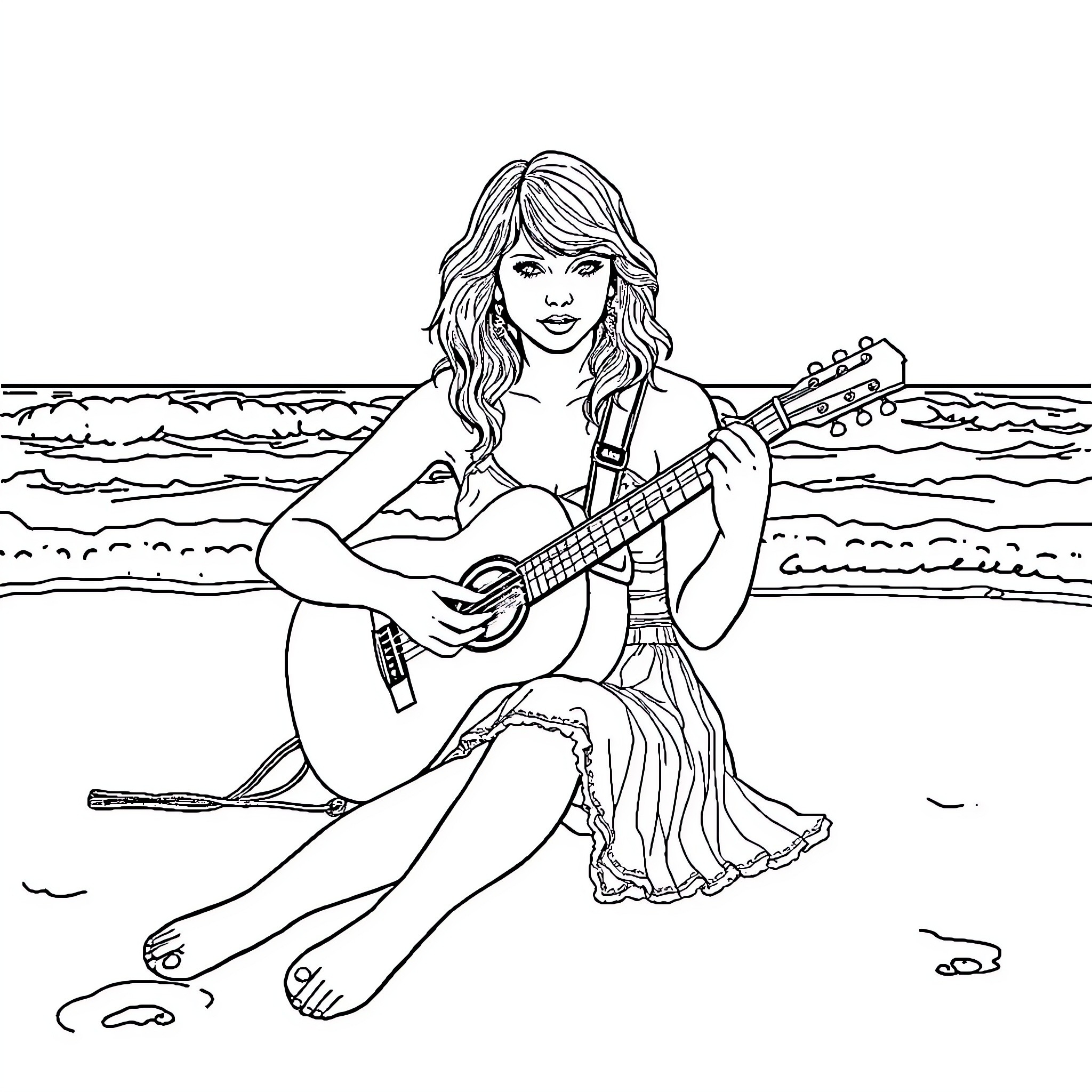 Taylor Swift playing guitar by the beach Coloring Page (free black-and-white line drawing printable PDF for all, from beginners to advanced learners, including children, teens, adults, and seniors)