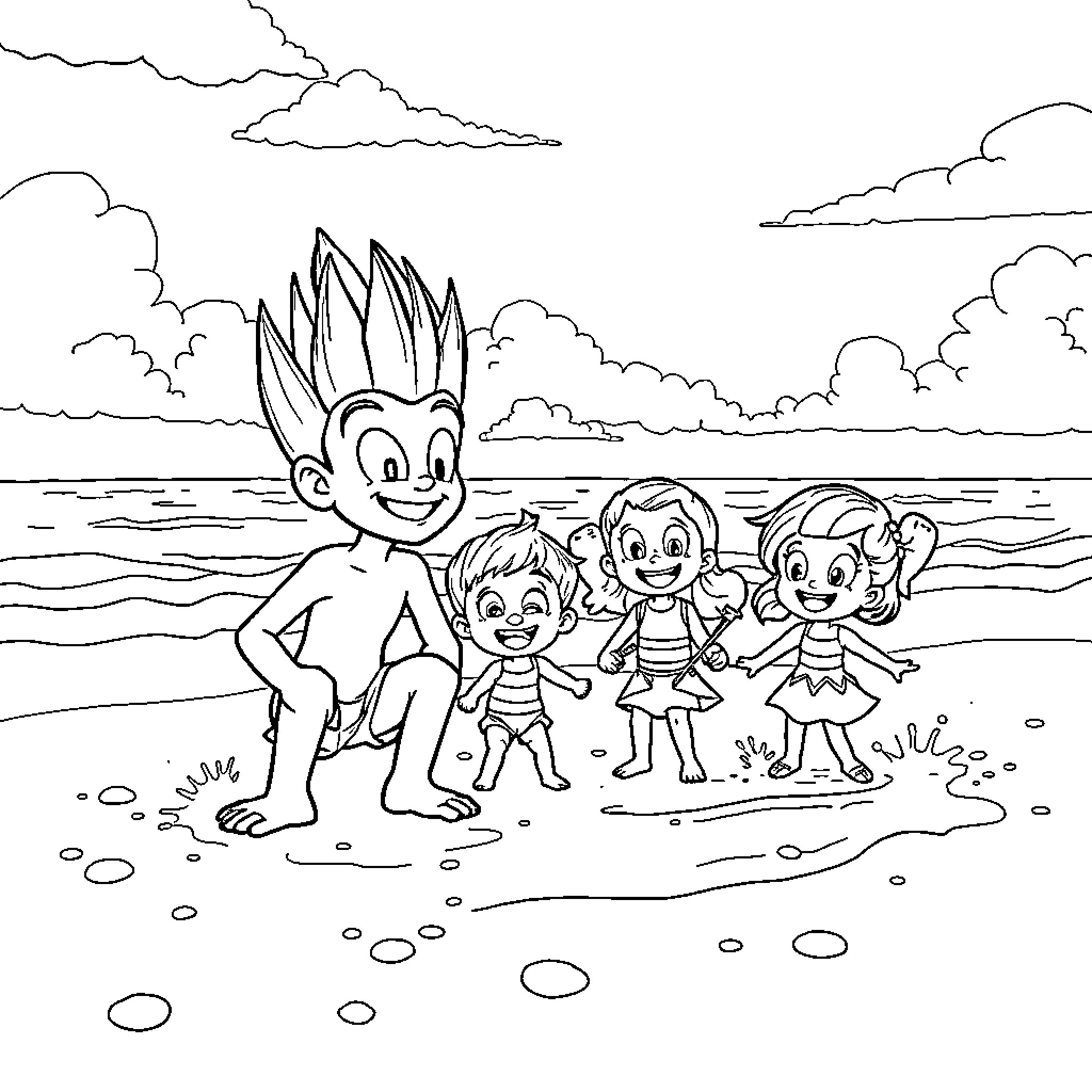 Vegeta and friends playing on the beach Coloring Page (free black-and-white line drawing printable PDF for all, from beginners to advanced learners, including children, teens, adults, and seniors)