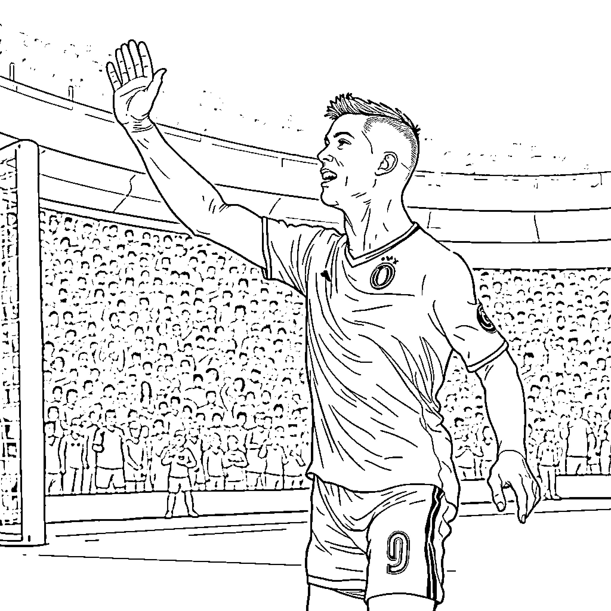 Cristiano Ronaldo celebrates a goal in a soccer stadium Coloring Page (free black-and-white line drawing printable PDF for all, from beginners to advanced learners, including children, teens, adults, and seniors)