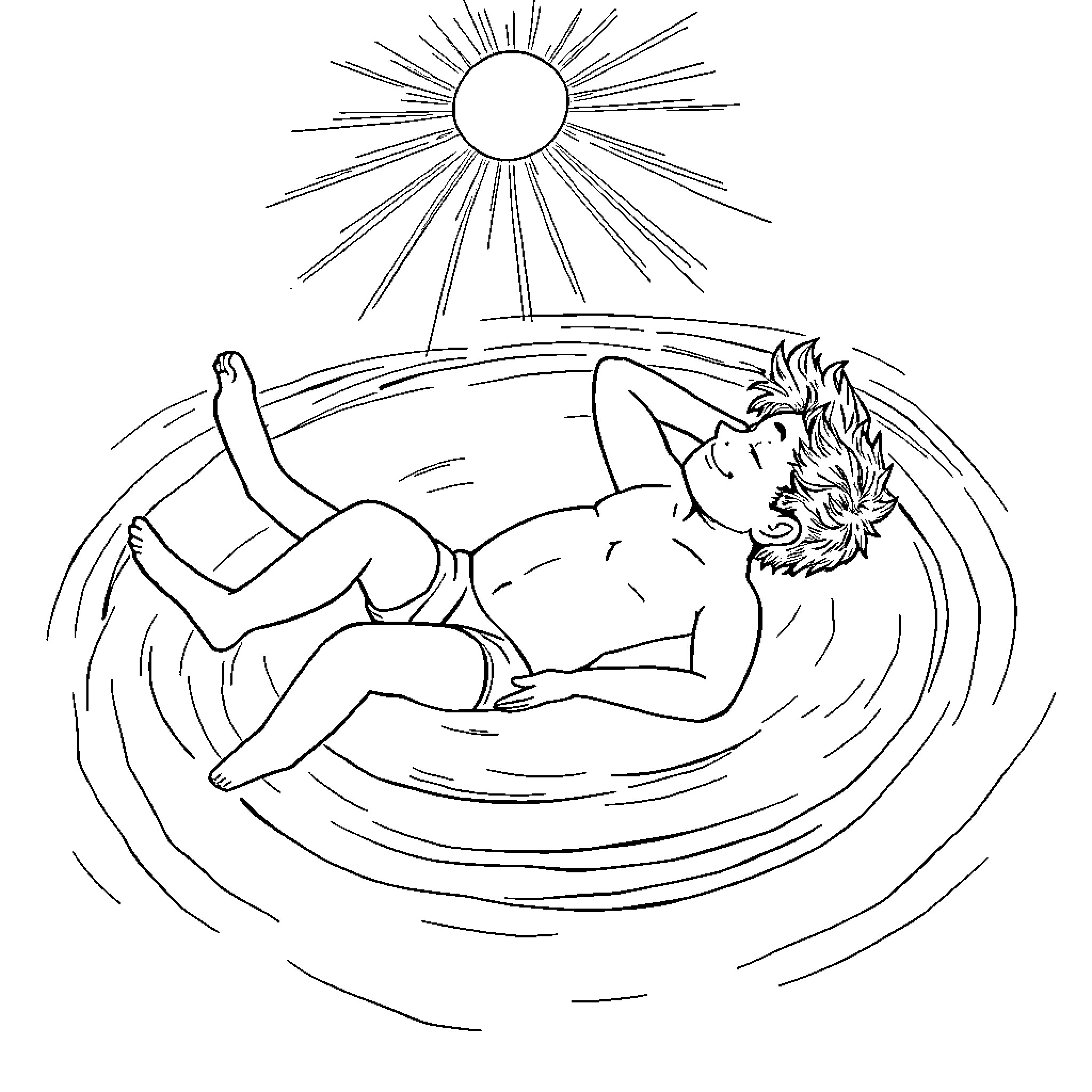 Mirio Togata relaxing in a peaceful pond Coloring Page (free black-and-white line drawing printable PDF for all, from beginners to advanced learners, including children, teens, adults, and seniors)