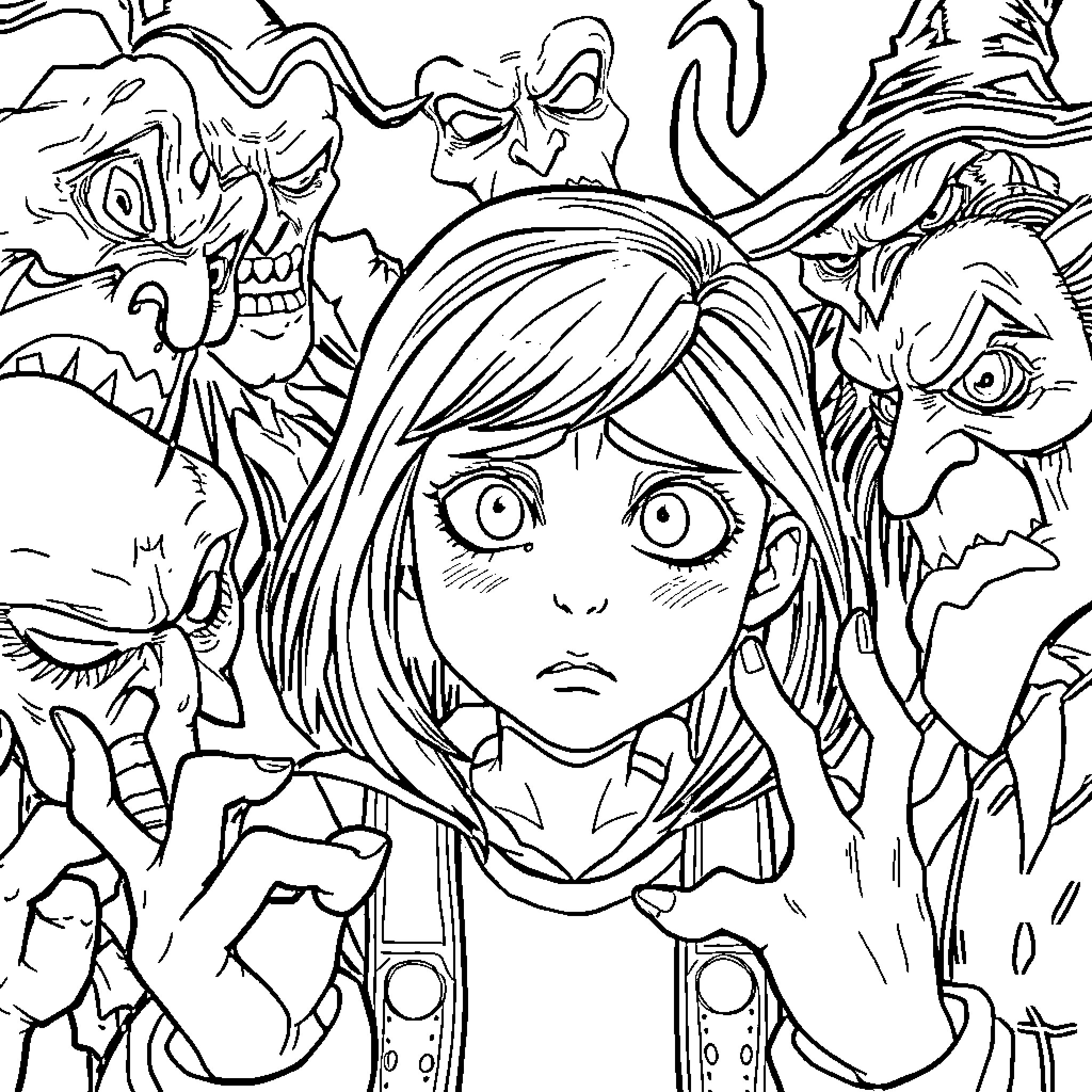 Wicked Characters in a Fearsome Scene Coloring Page (free black-and-white line drawing printable PDF for all, from beginners to advanced learners, including children, teens, adults, and seniors)