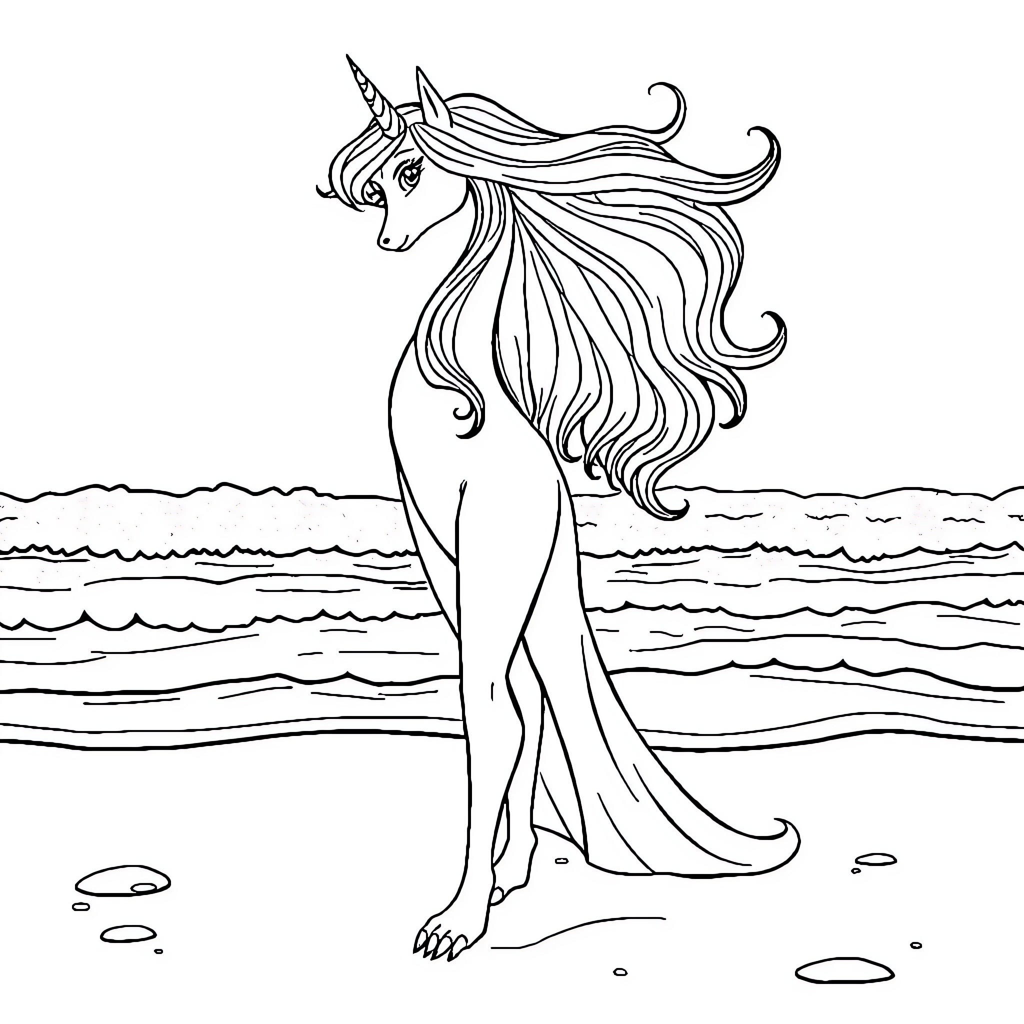 Snow Queen stands gracefully by the sea Coloring Page (free black-and-white line drawing printable PDF for all, from beginners to advanced learners, including children, teens, adults, and seniors)