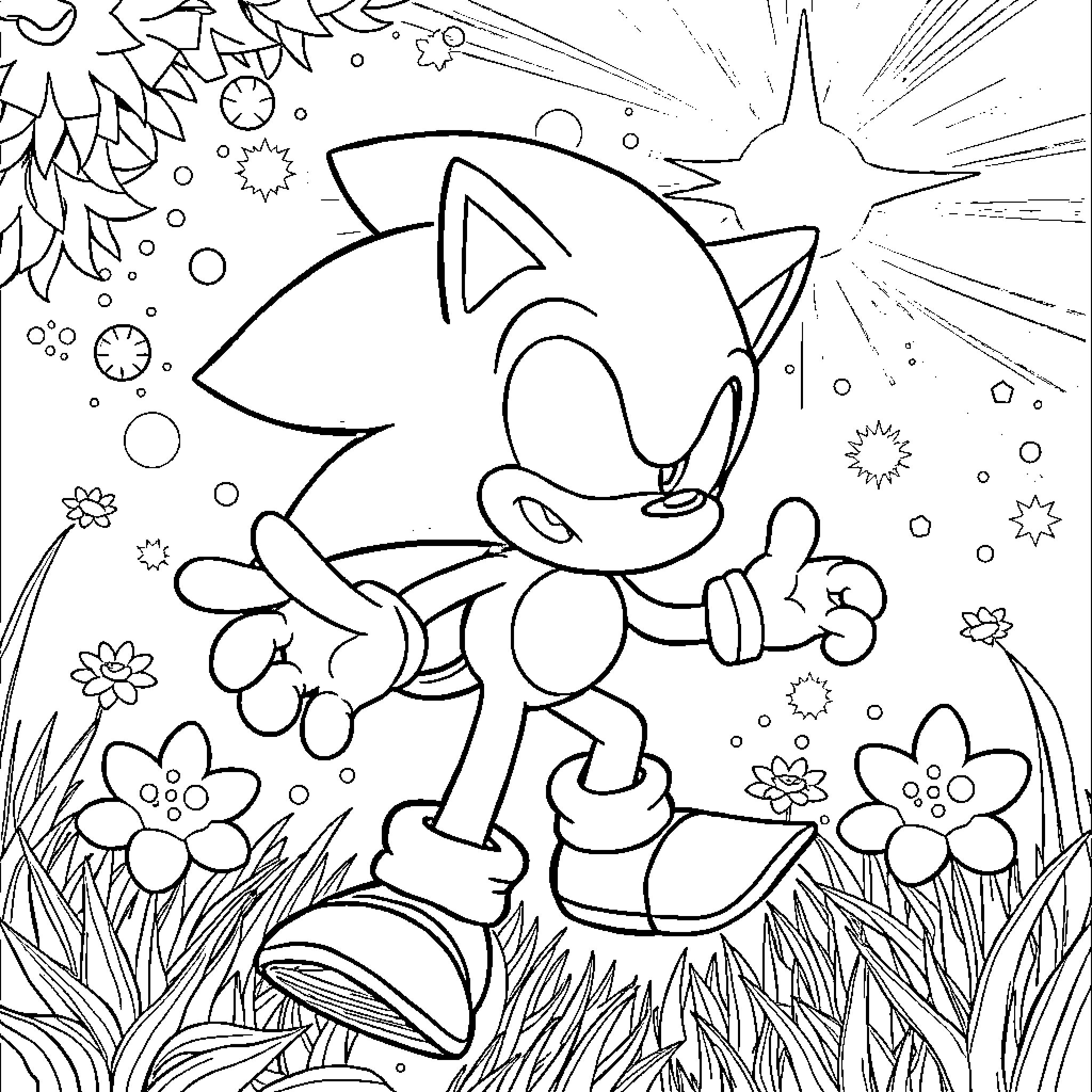 Sonic sprinting through a magical landscape Coloring Page (free black-and-white line drawing printable PDF for all, from beginners to advanced learners, including children, teens, adults, and seniors)