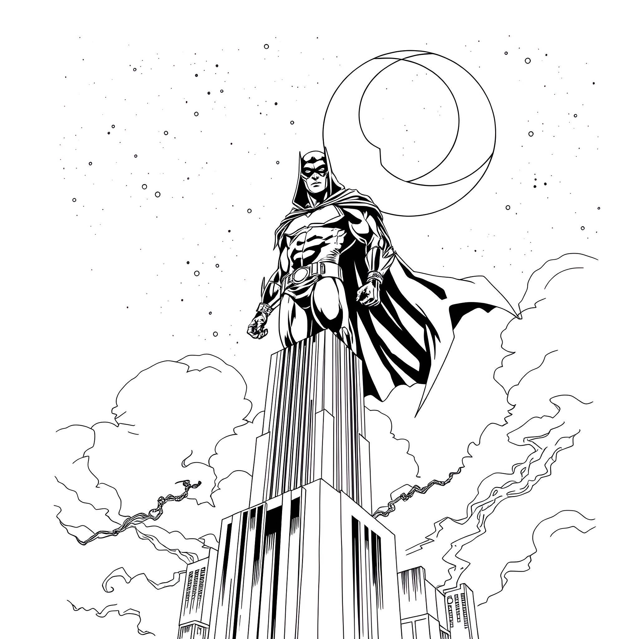 Moonknight heroically standing atop a towering city Coloring Page (free black-and-white line drawing printable PDF for all, from beginners to advanced learners, including children, teens, adults, and seniors)