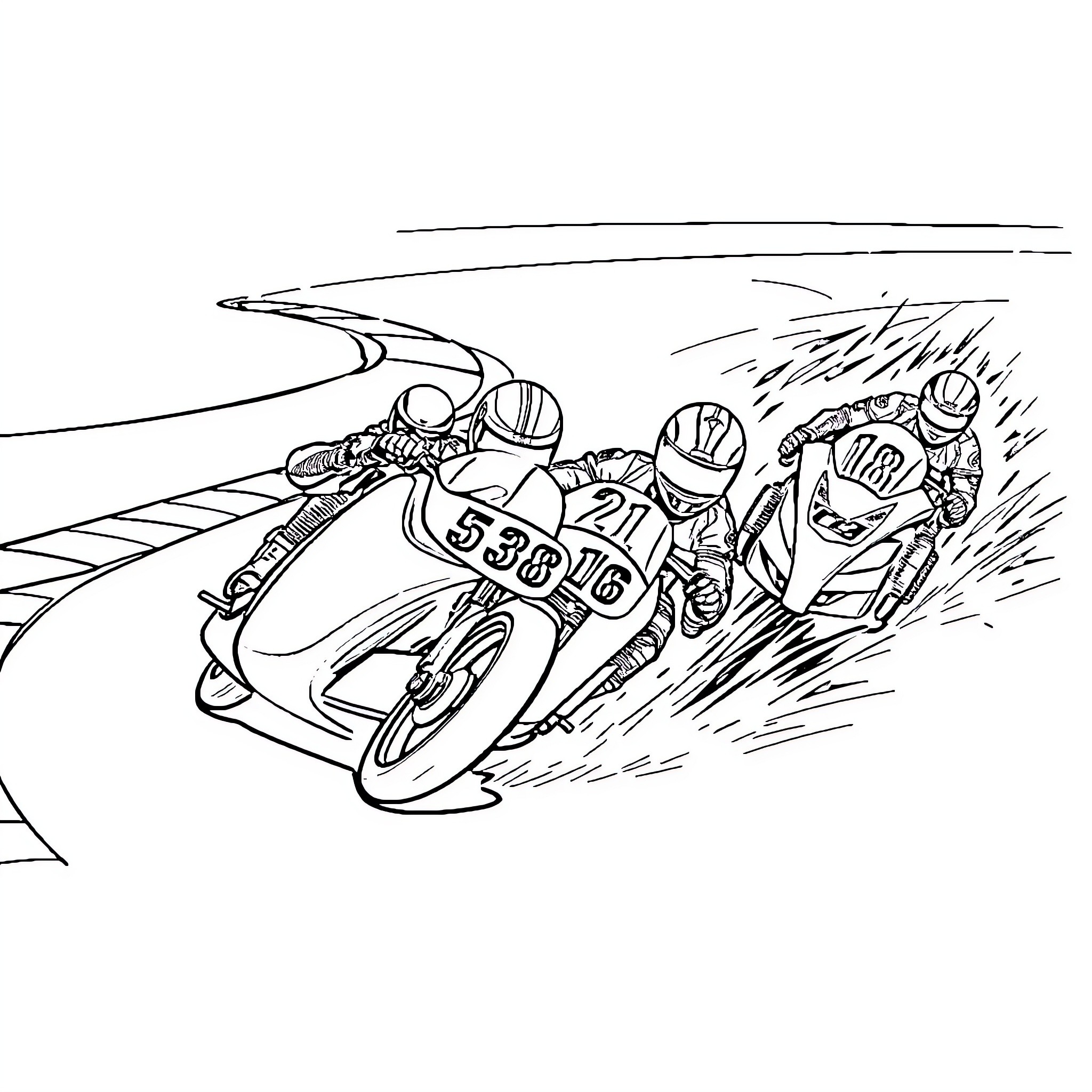 Sidecar Racers Speeding Down the Track Coloring Page (free black-and-white line drawing printable PDF for all, from beginners to advanced learners, including children, teens, adults, and seniors)