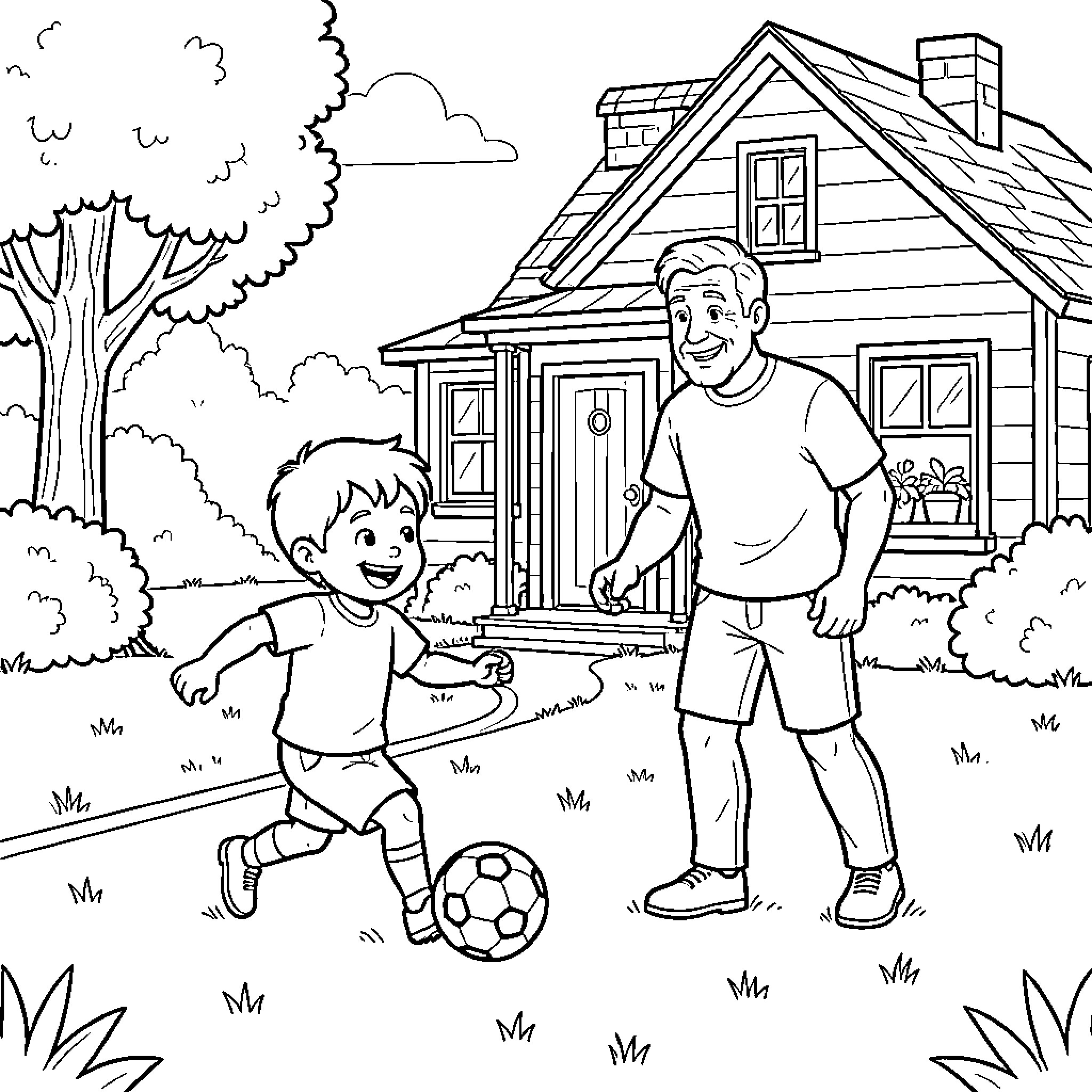 Child playing soccer with father in front of house Coloring Page (free black-and-white line drawing printable PDF for all, from beginners to advanced learners, including children, teens, adults, and seniors)