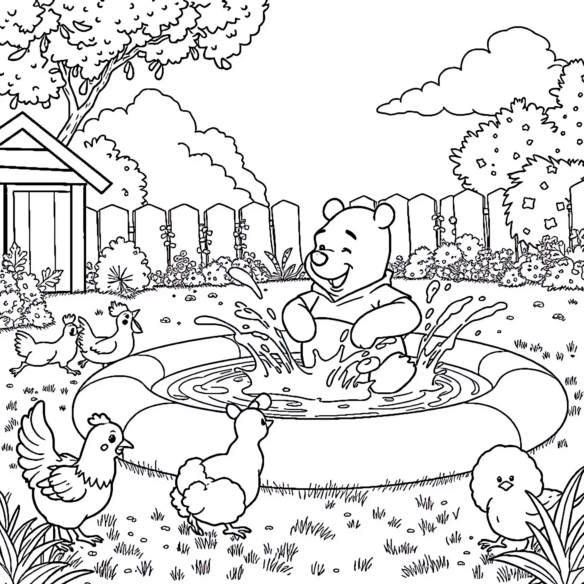 Pooh Bear splashing in the garden pond with friends Coloring Page (free black-and-white line drawing printable PDF for all, from beginners to advanced learners, including children, teens, adults, and seniors)