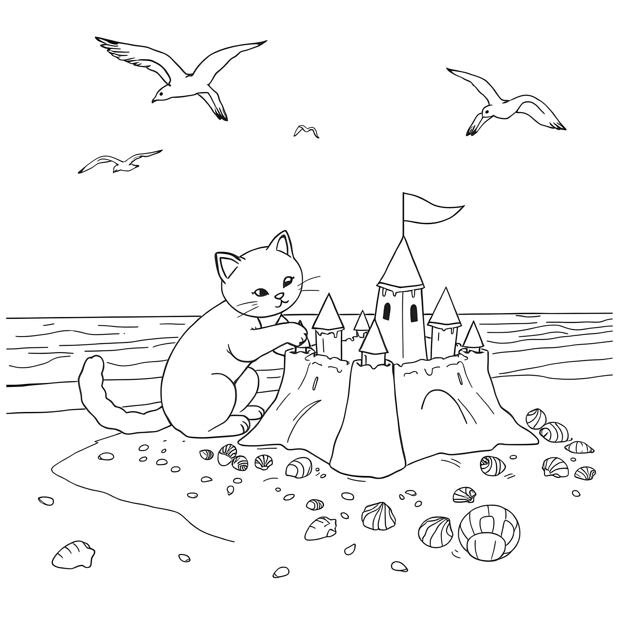 Cat playing on the beach near sand castle Coloring Page (free black-and-white line drawing printable PDF for all, from beginners to advanced learners, including children, teens, adults, and seniors)