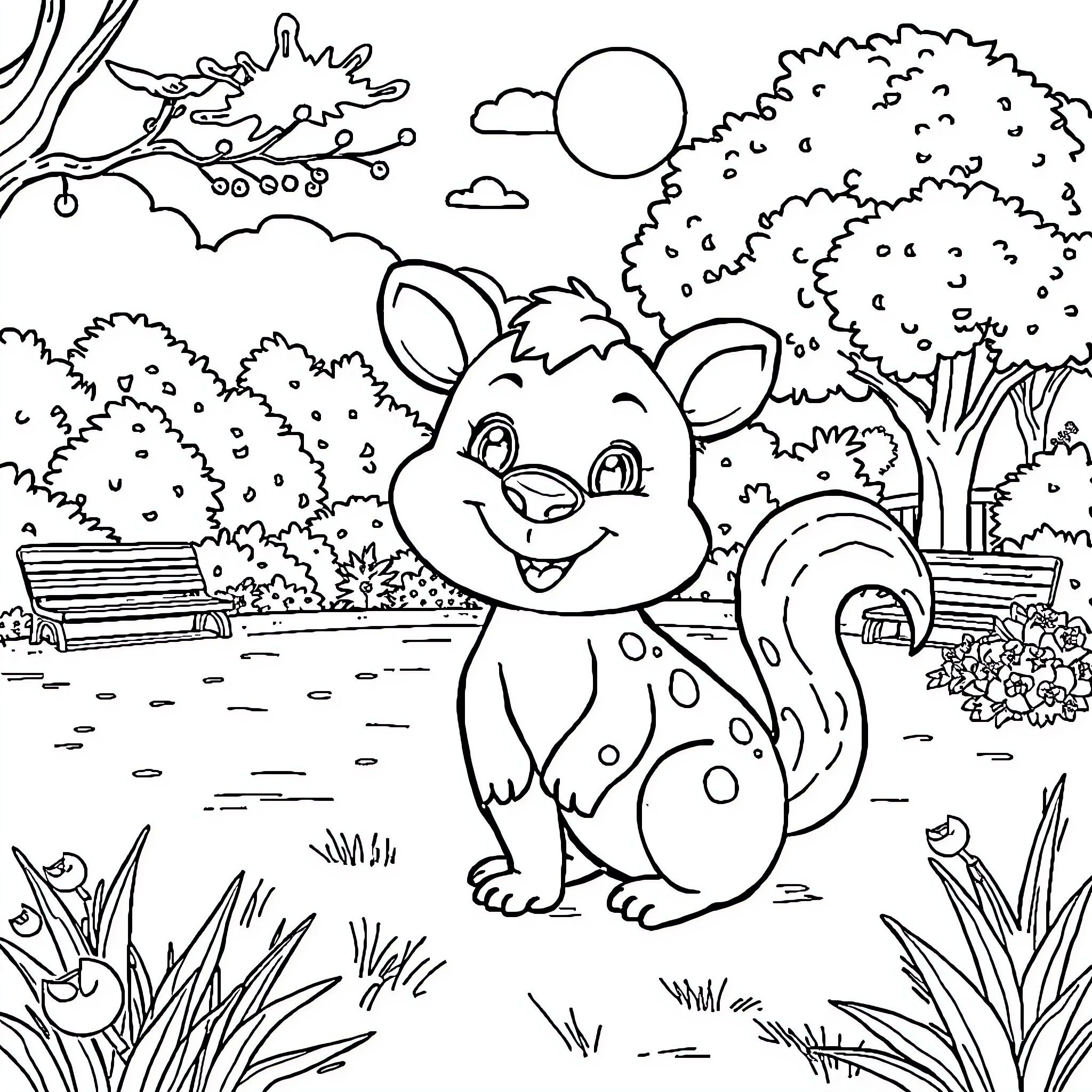 Animal enjoying a peaceful day in the park Coloring Page (free black-and-white line drawing printable PDF for all, from beginners to advanced learners, including children, teens, adults, and seniors)