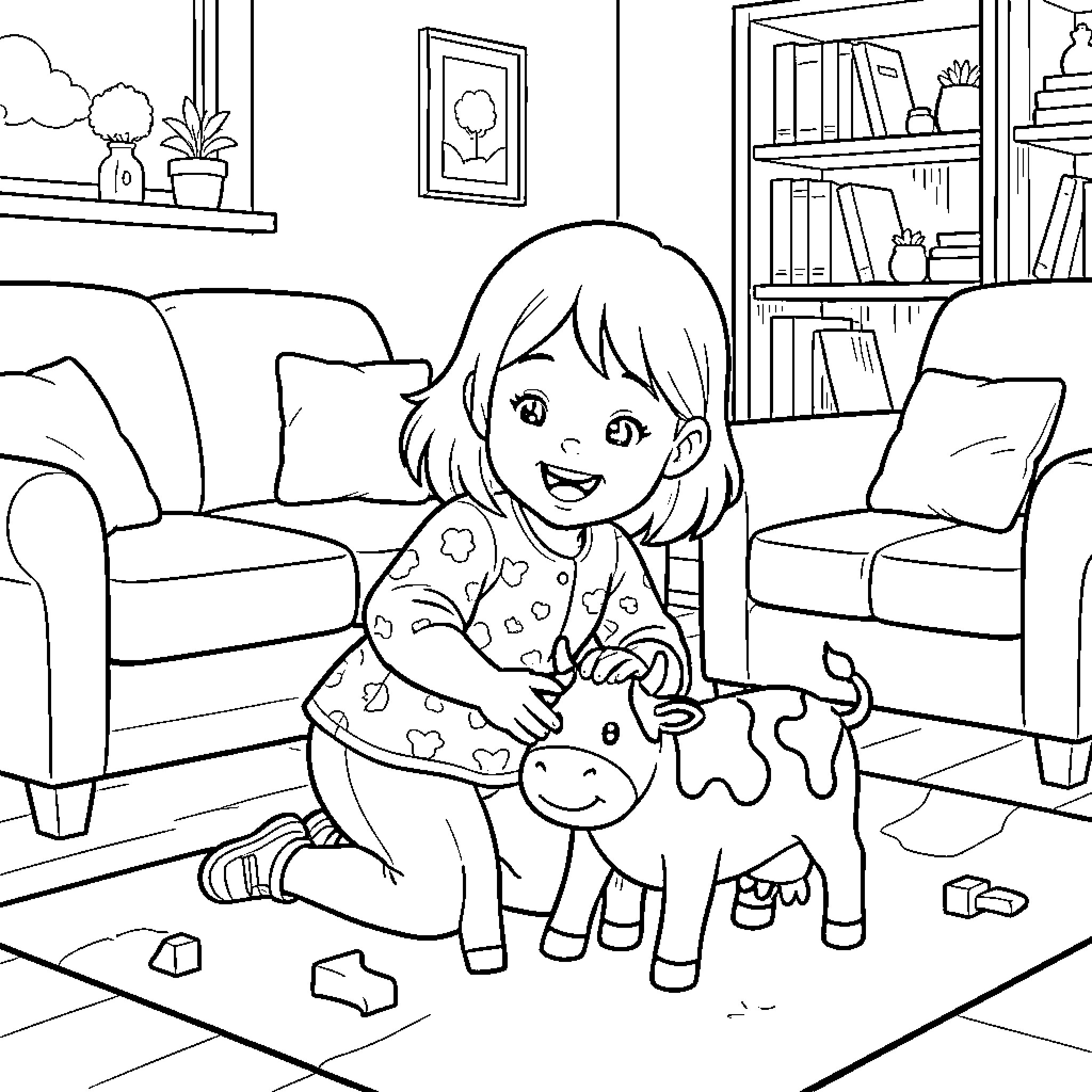 Girl playing happily with toy stuffed animal at home Coloring Page (free black-and-white line drawing printable PDF for all, from beginners to advanced learners, including children, teens, adults, and seniors)