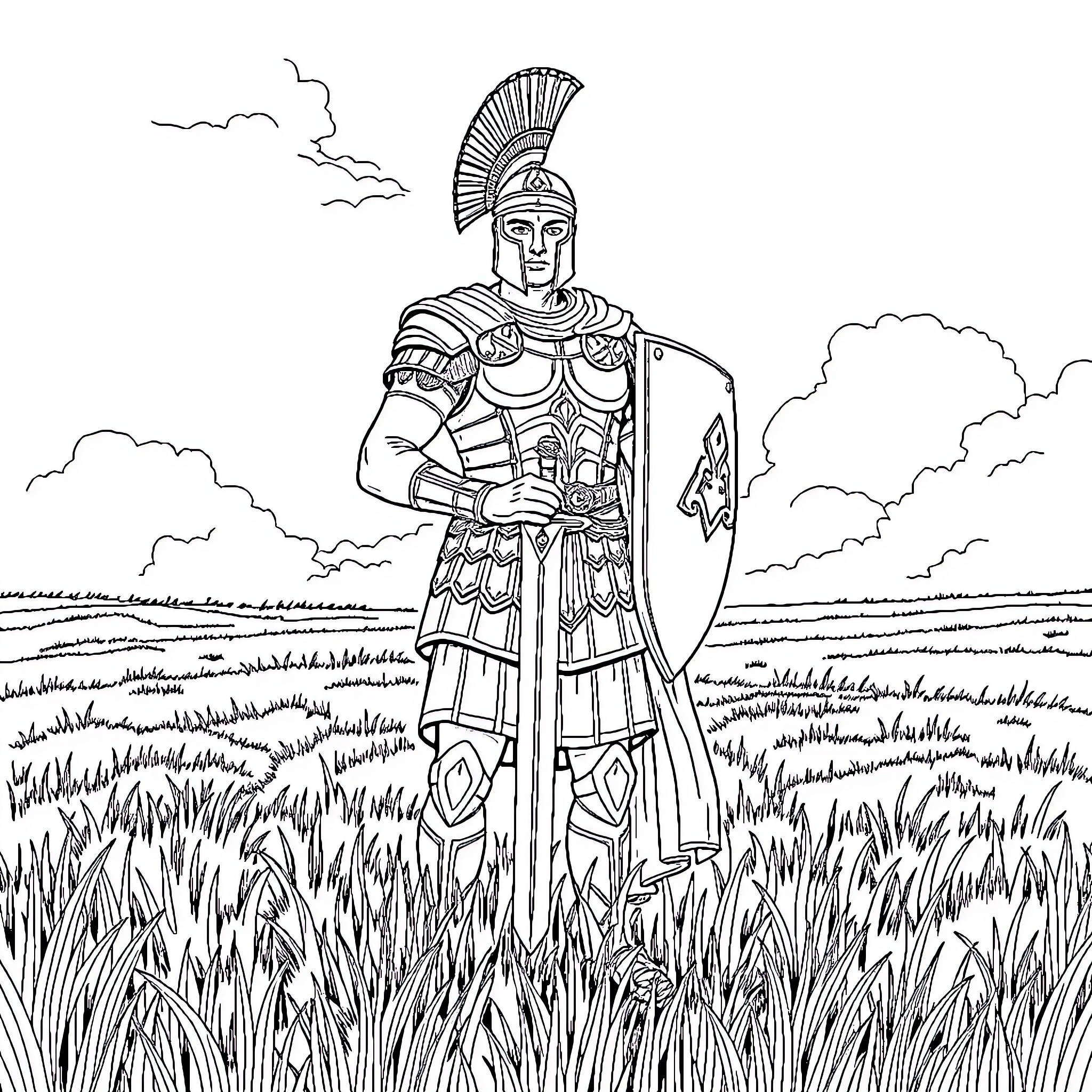 Roman Soldier Standing Tall in Grassy Landscape Coloring Page (free black-and-white line drawing printable PDF for all, from beginners to advanced learners, including children, teens, adults, and seniors)