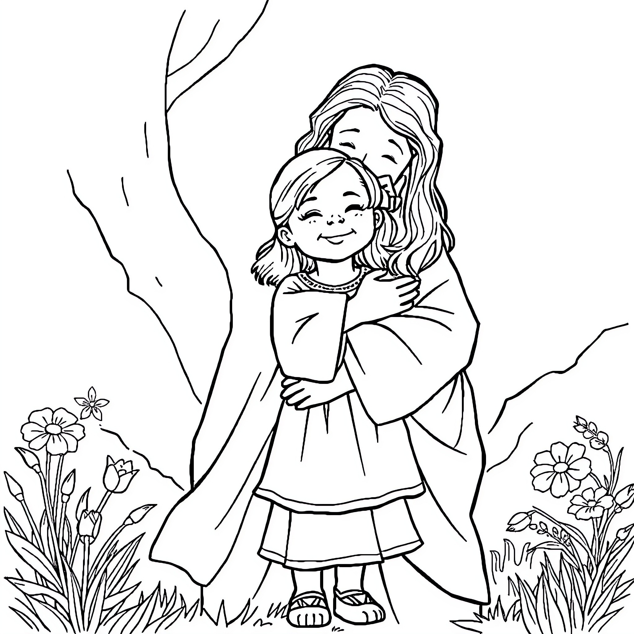 Girl hugging another girl in a floral meadow Coloring Page (free black-and-white line drawing printable PDF for all, from beginners to advanced learners, including children, teens, adults, and seniors)